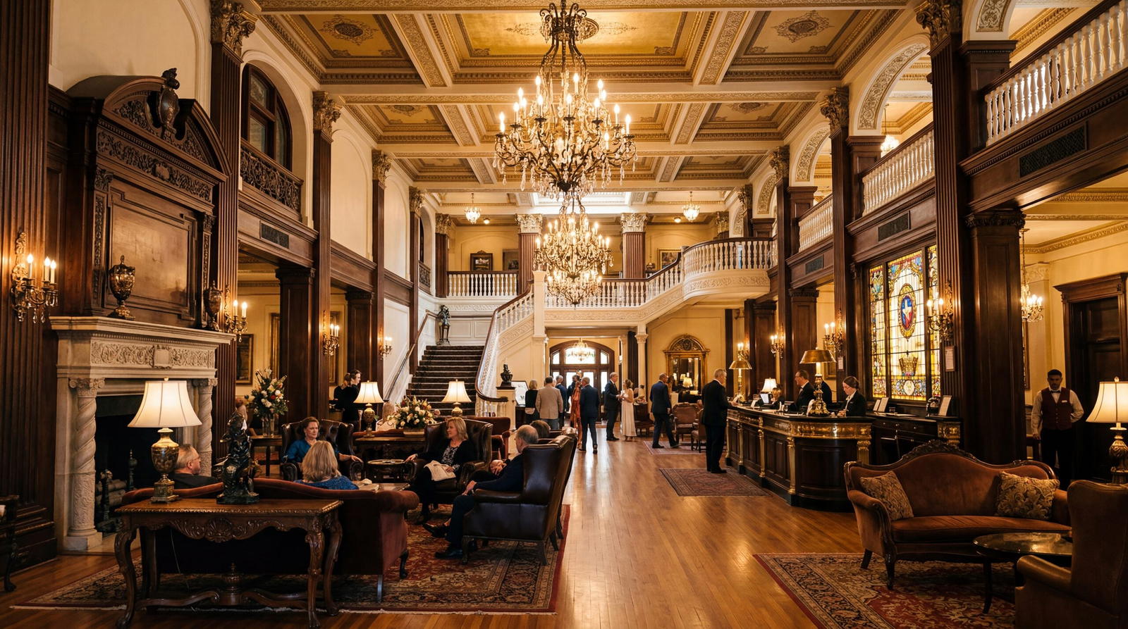 Grand Victorian lobby of a historic Texas hotel with ornate chandeliers and antique furniture, warm editorial travel photography, golden hour, photorealistic, no text, no watermark, 16:9