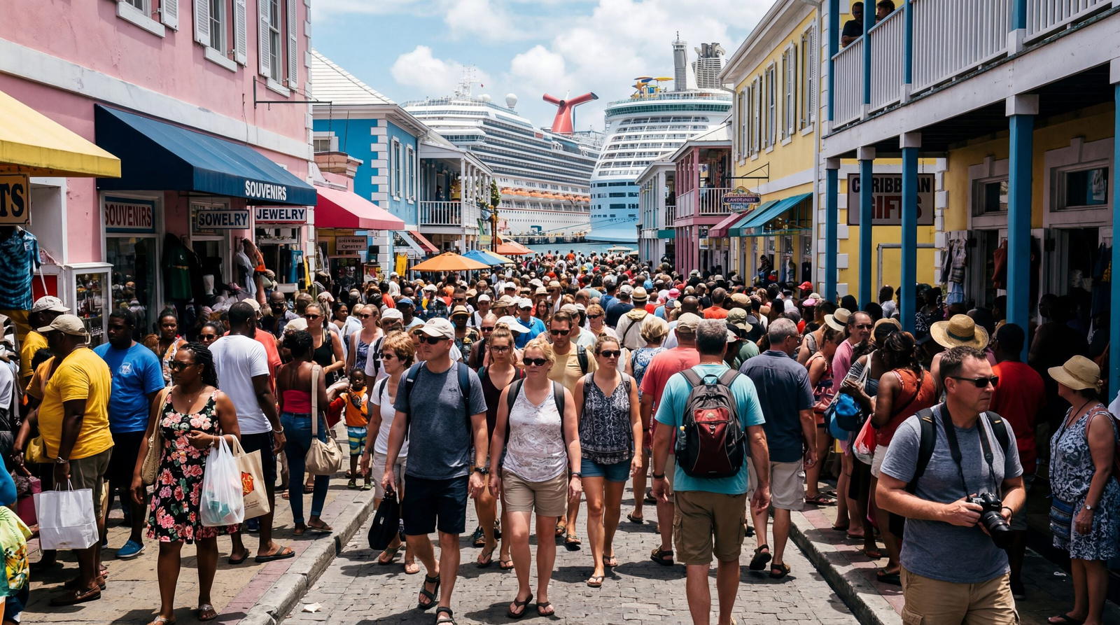 Overcrowded cruise ship port in Nassau Bahamas, tourist crowds on a narrow shopping street, harsh midday sun, documentary travel photography, photorealistic, no text, no watermark, 16:9