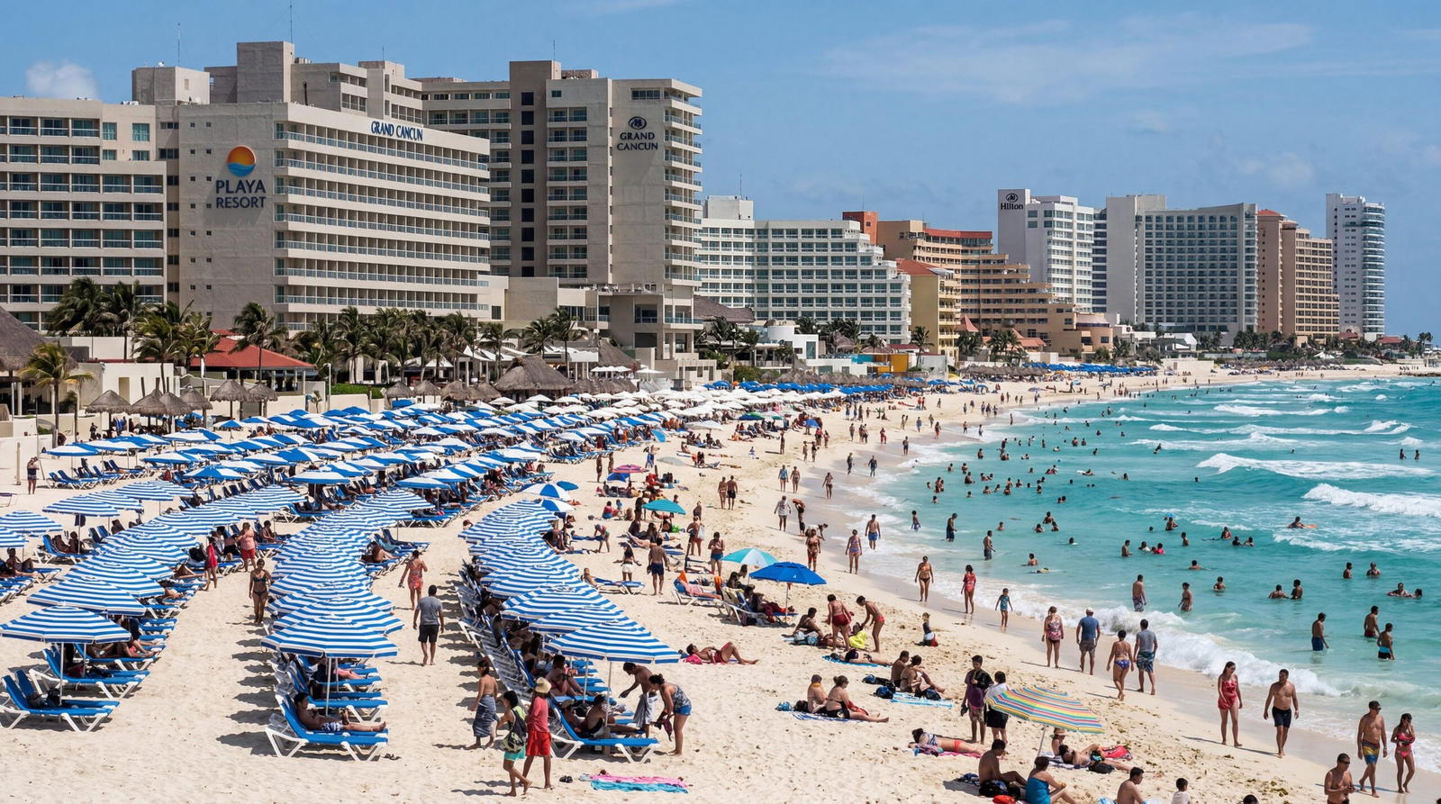 Packed hotel zone beach in Cancun Mexico, rows of identical resort umbrellas, concrete high-rise hotels behind the sand, harsh daylight, documentary travel photography, photorealistic, no text, no watermark, 16:9