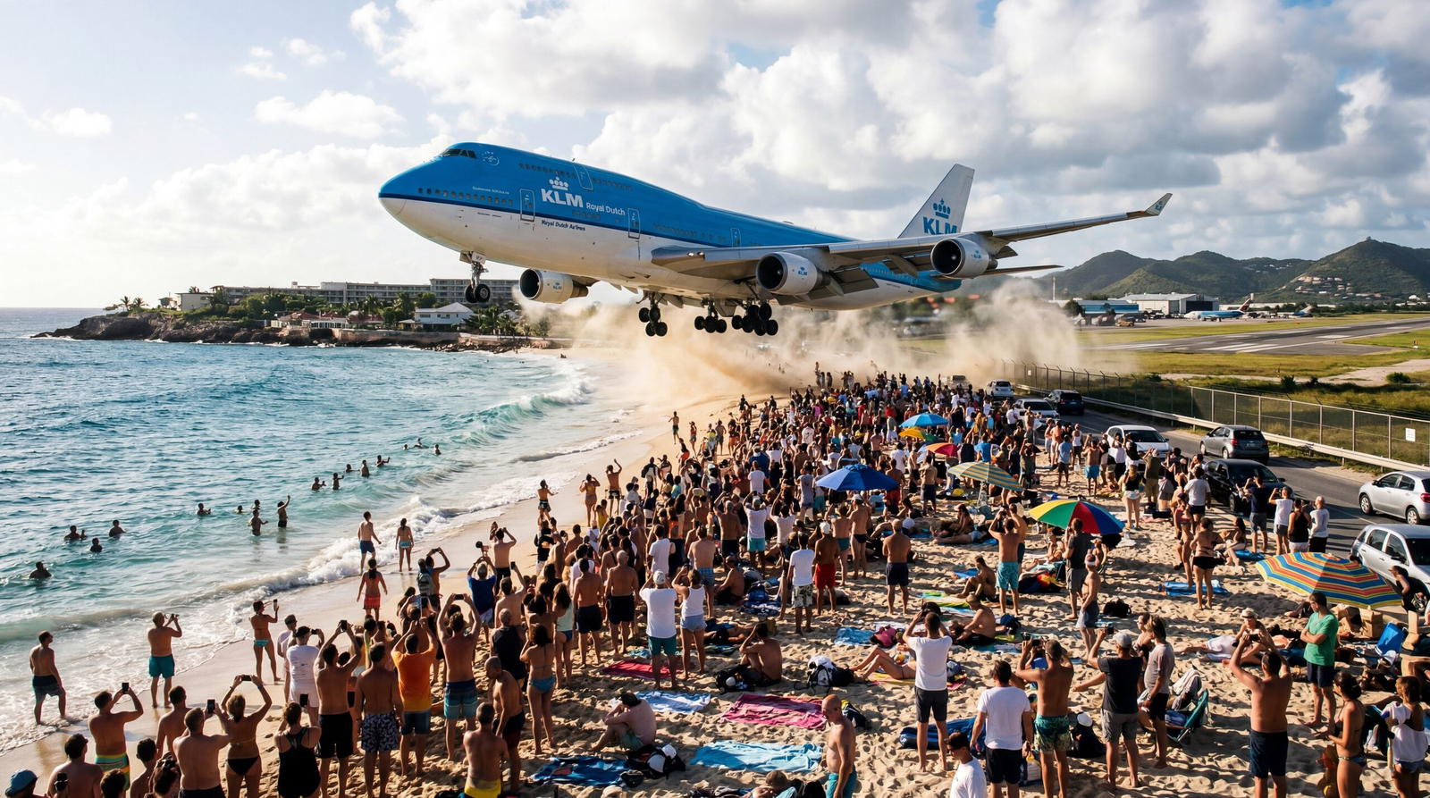 Maho Beach in St Maarten with jet planes flying dangerously low over sunbathers, crowded beach, jet blast, dramatic documentary travel photography, photorealistic, no text, no watermark, 16:9