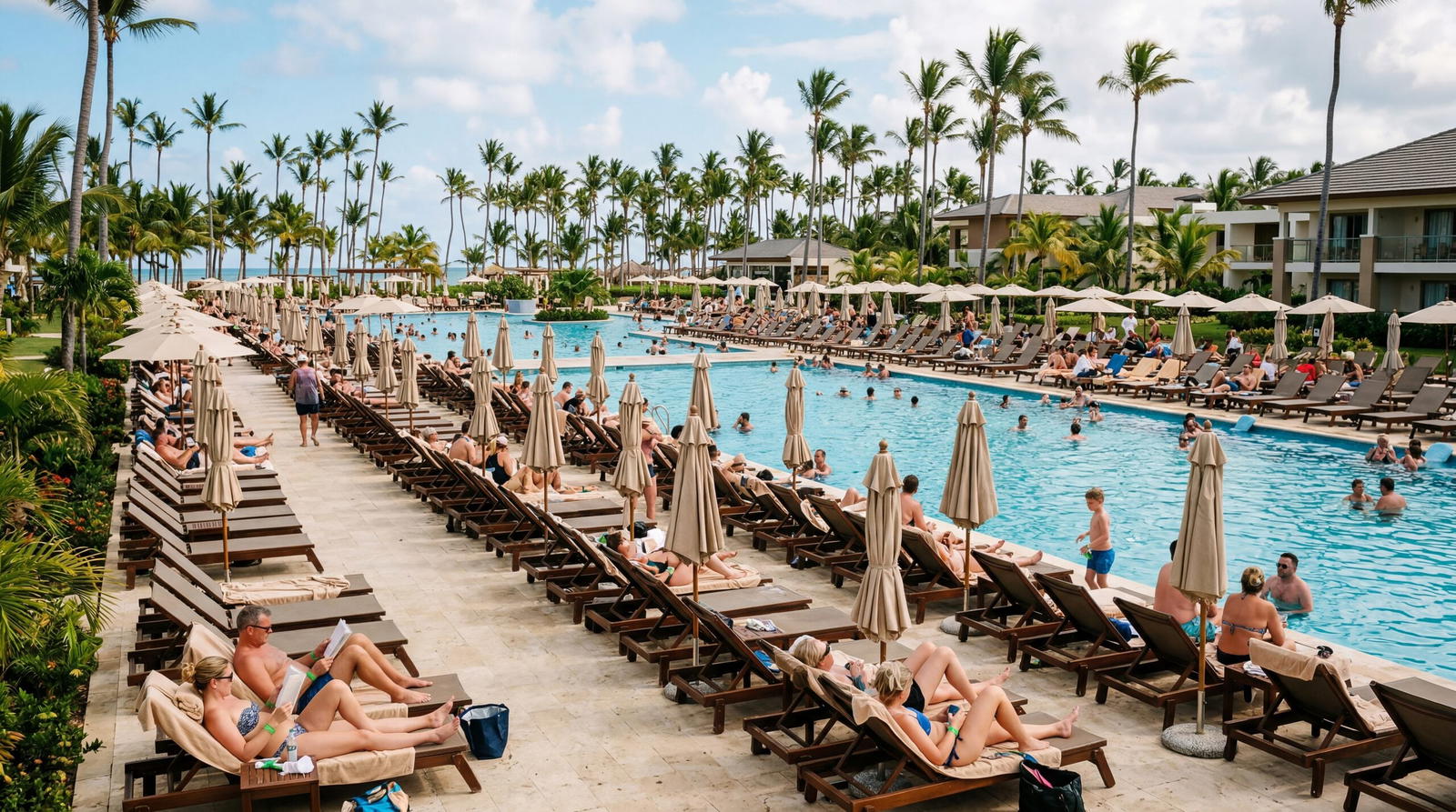 Generic resort pool complex in Punta Cana Dominican Republic, identical rows of sun loungers, tourists in wristbands, flat palm tree landscape, warm editorial travel photography, photorealistic, no text, no watermark, 16:9
