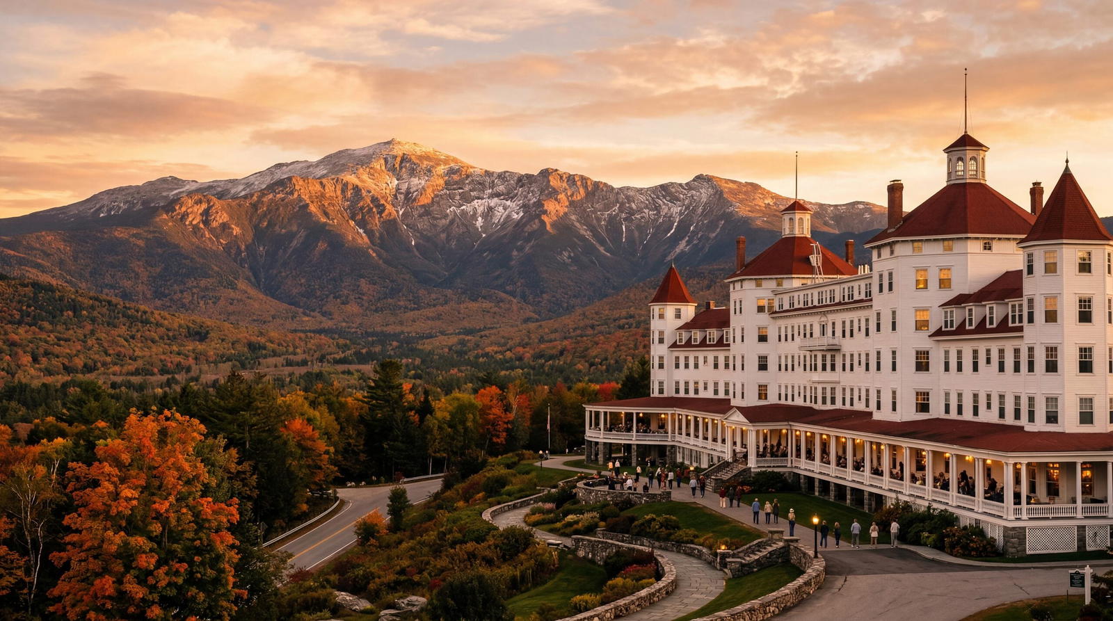 Grand white mountain resort hotel with a dramatic view of Mount Washington in New Hampshire, warm editorial travel photography, golden hour, photorealistic, no text, no watermark, 16:9