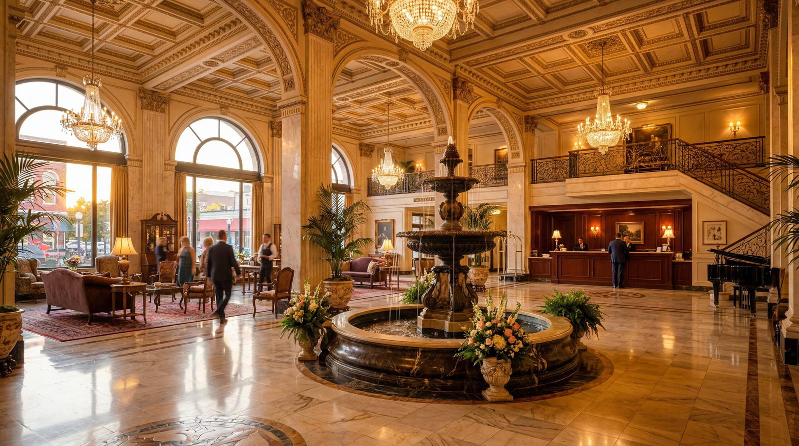 Elegant grand hotel lobby in Memphis Tennessee with marble floors and ornate fountain, warm editorial travel photography, golden hour, photorealistic, no text, no watermark, 16:9