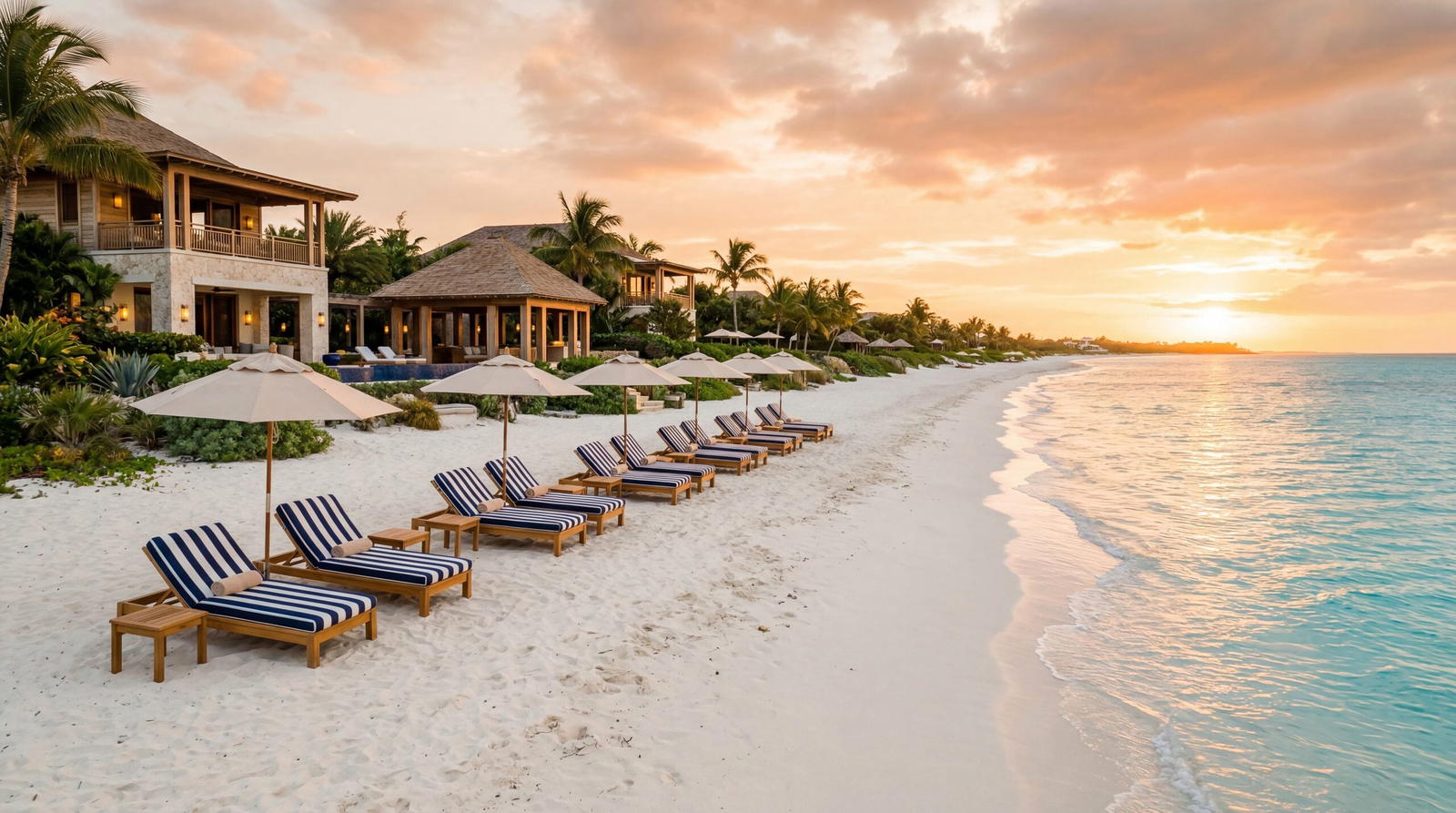 Expensive luxury resort in Turks and Caicos, empty pristine beach, overpriced beach chairs, upscale resort architecture, warm editorial travel photography, golden hour, photorealistic, no text, no watermark, 16:9