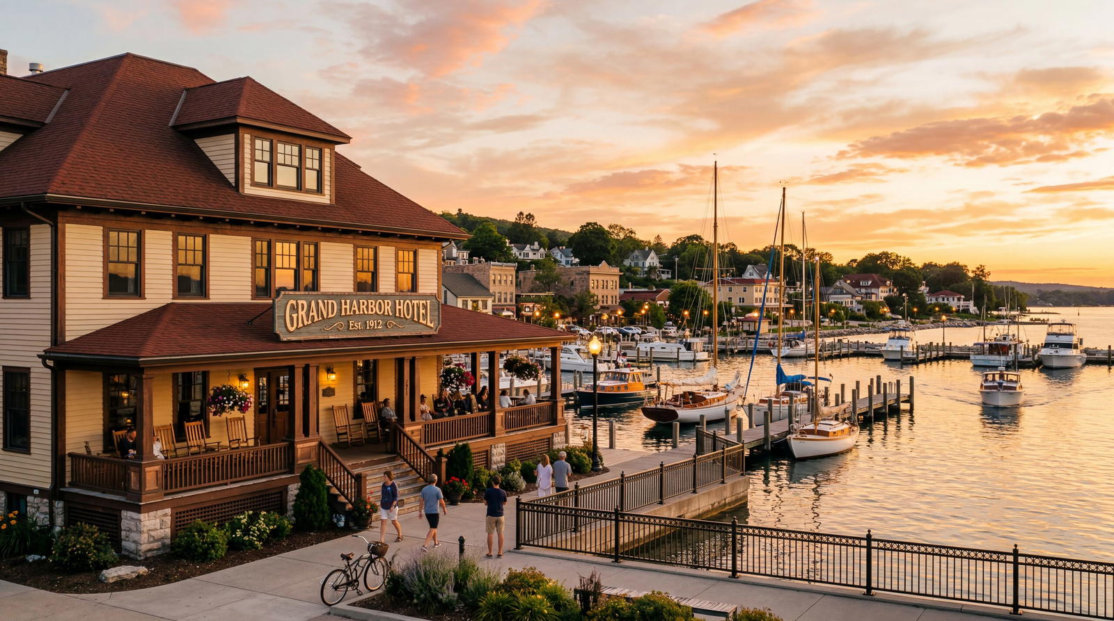 Classic early 20th century waterfront hotel in small town Michigan with harbor views and vintage signage, warm editorial travel photography, golden hour, photorealistic, no text, no watermark, 16:9