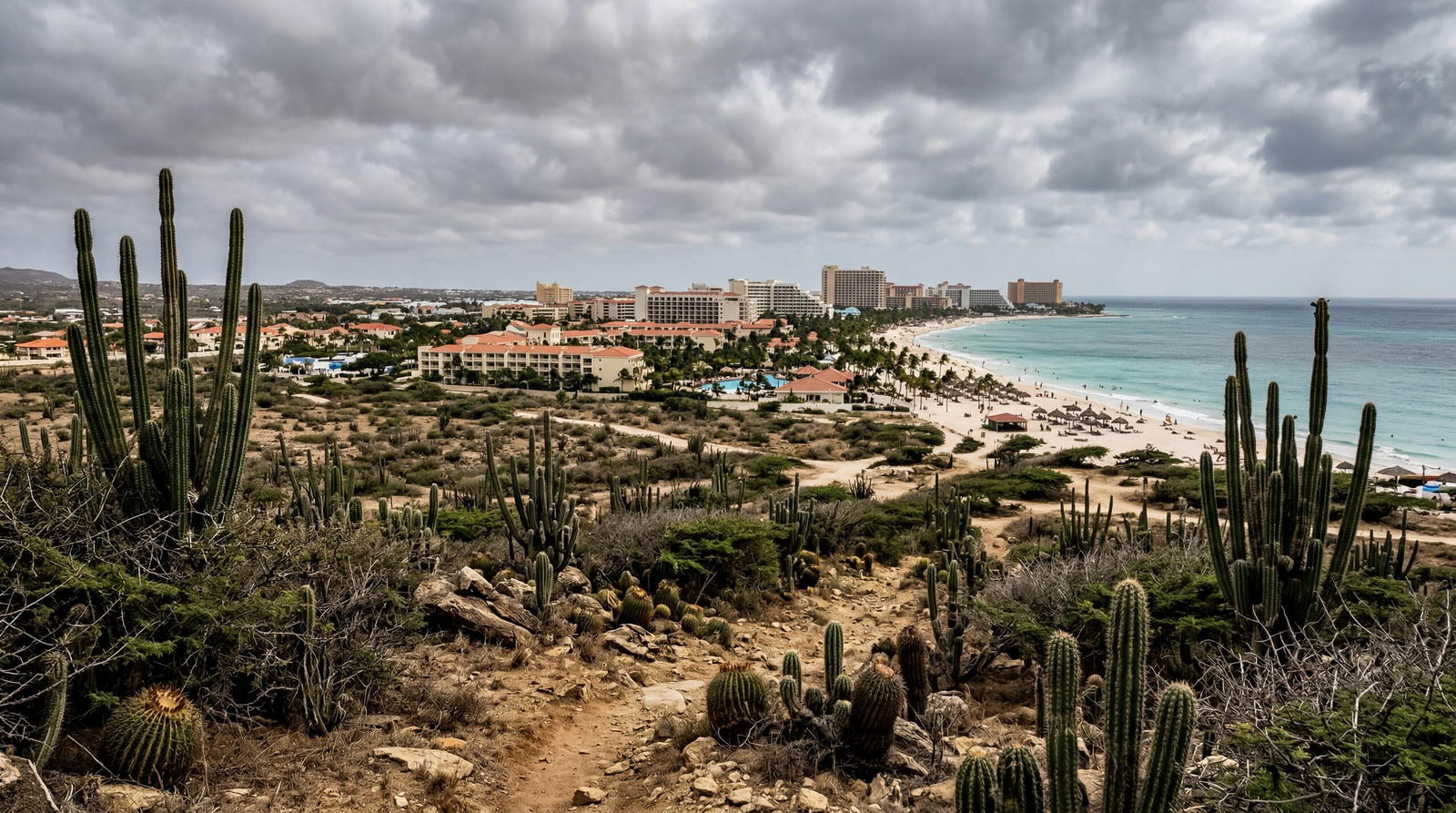 Dry arid landscape in Aruba with cacti, tourist resort strip along a beach, overcast sky, documentary travel photography, photorealistic, no text, no watermark, 16:9