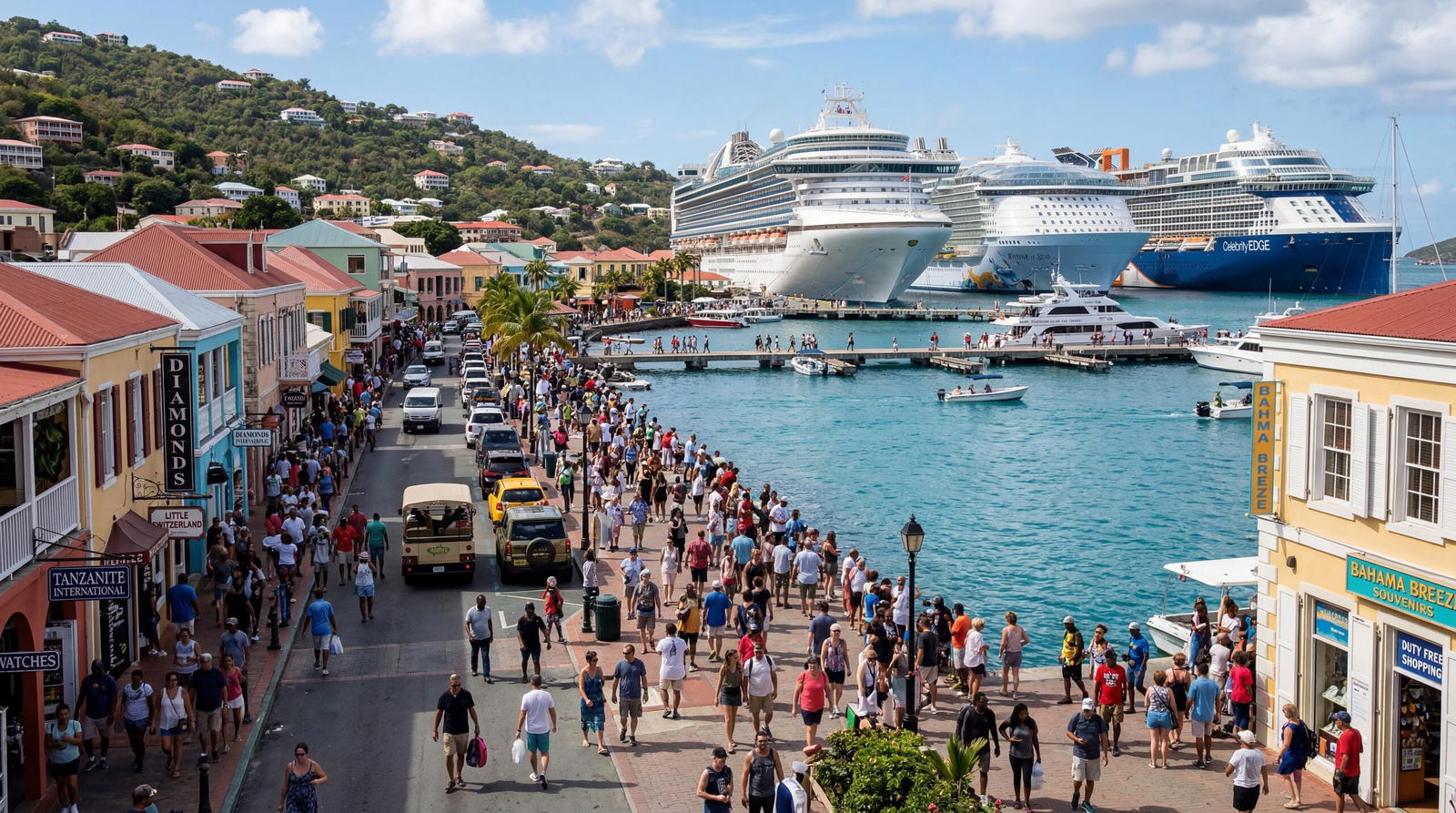 Charlotte Amalie harbour in St Thomas US Virgin Islands, cruise ships docked, duty-free shopping strip, crowds of tourists, documentary travel photography, photorealistic, no text, no watermark, 16:9
