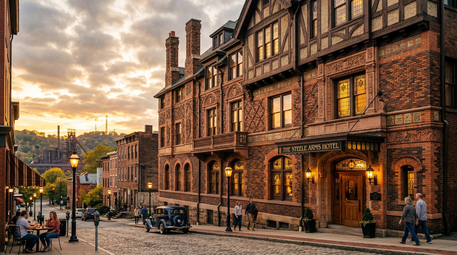 Restored arts and crafts style historic hotel in a Pennsylvania steel town with ornate brick facade, warm editorial travel photography, golden hour, photorealistic, no text, no watermark, 16:9