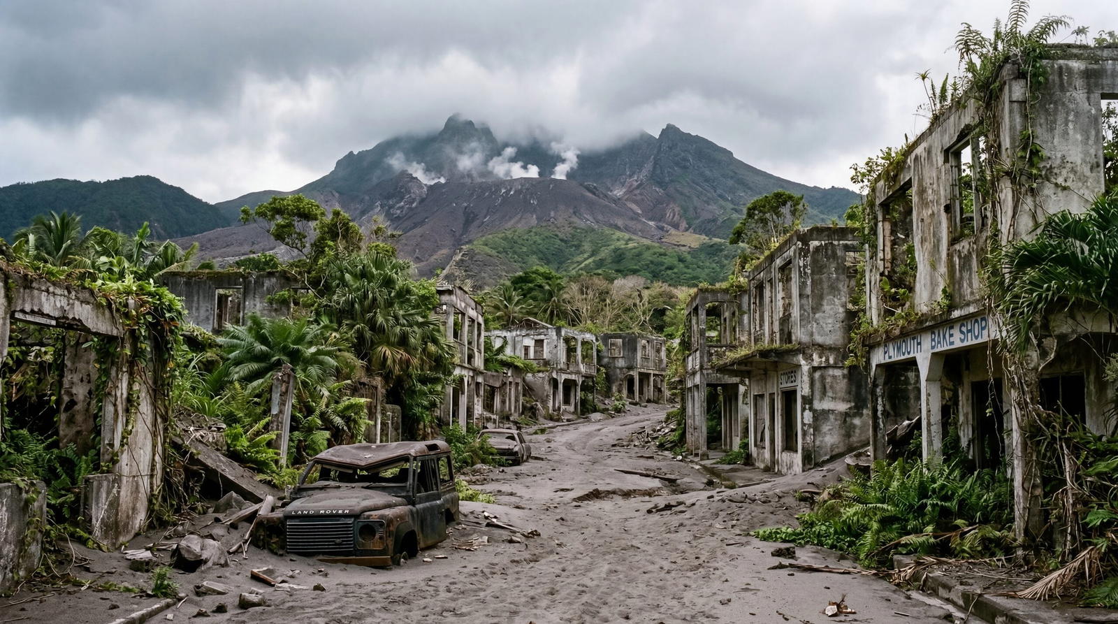 Volcanic ash-covered abandoned town in Montserrat Caribbean, overgrown ruins, stark volcanic landscape, eerie documentary travel photography, photorealistic, no text, no watermark, 16:9