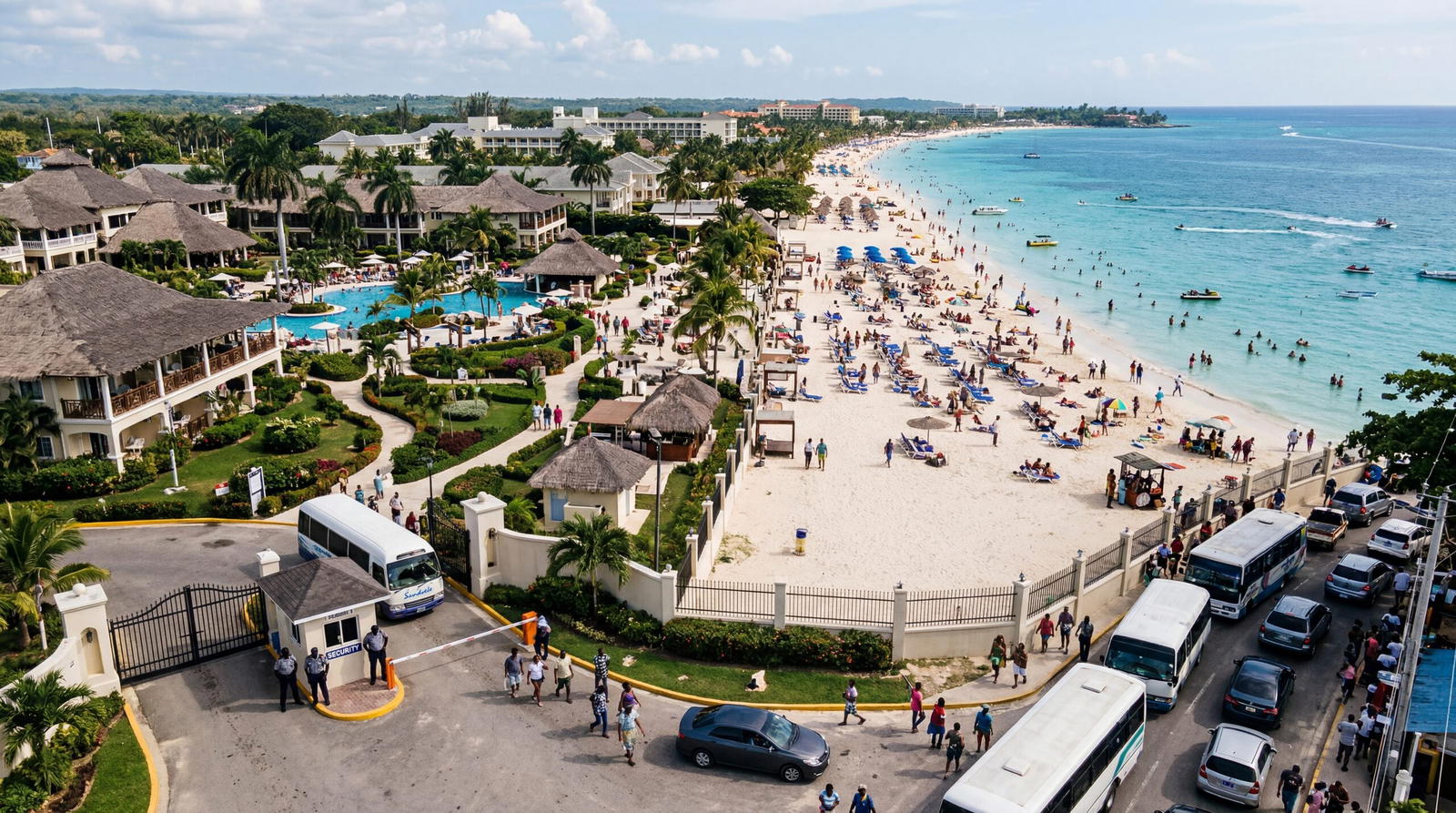 Crowded all-inclusive resort strip in Negril Jamaica, fenced resort compounds along the beach, security guards at entrance, aerial view, documentary travel photography, photorealistic, no text, no watermark, 16:9