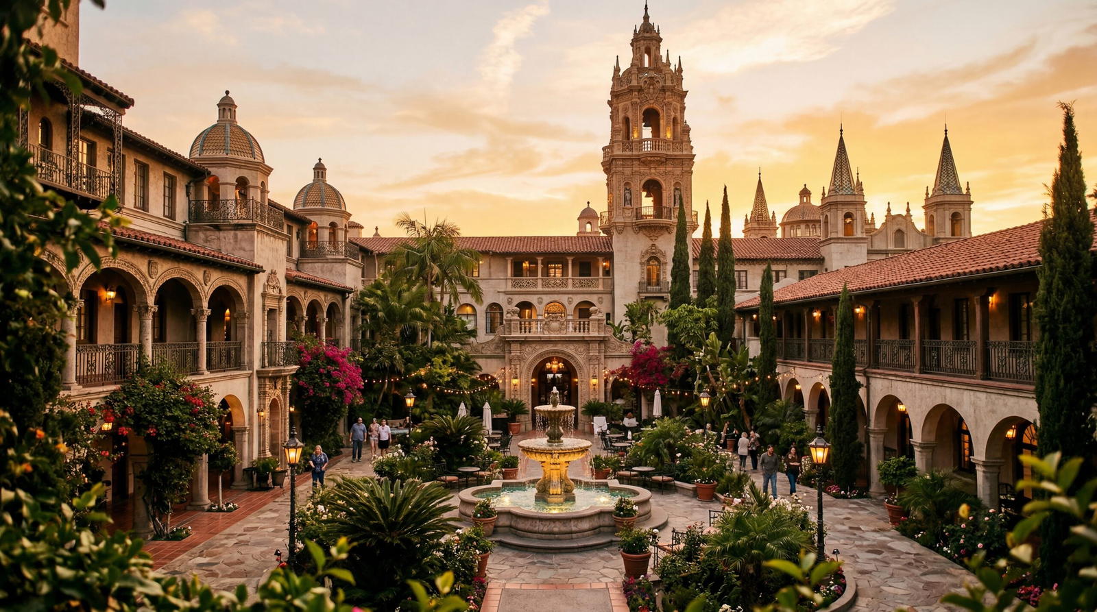 Spanish colonial revival hotel in Riverside California with ornate towers and courtyard fountain, warm editorial travel photography, golden hour, photorealistic, no text, no watermark, 16:9