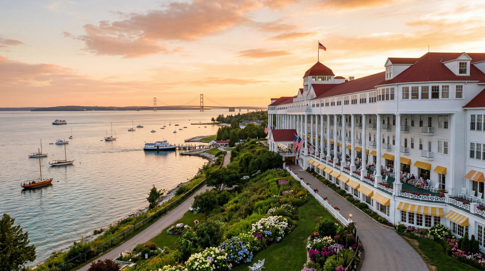 Long white-porched Victorian resort hotel on Mackinac Island Michigan overlooking Lake Huron, warm editorial travel photography, golden hour, photorealistic, no text, no watermark, 16:9