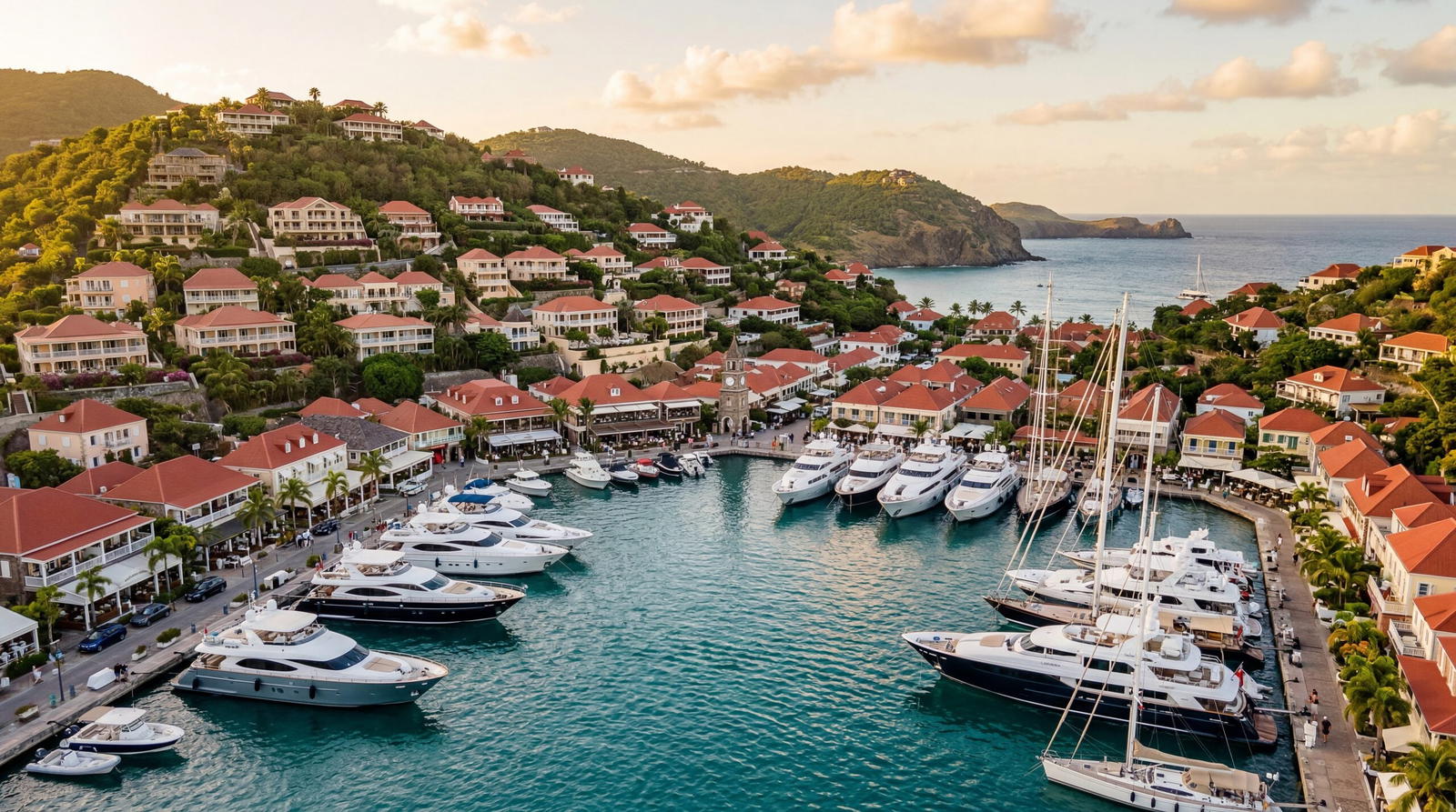 Luxury yacht harbor in St Barths Caribbean, extremely expensive boutique hotels on hillside, tiny island, French Caribbean architecture, warm editorial travel photography, golden hour, photorealistic, no text, no watermark, 16:9