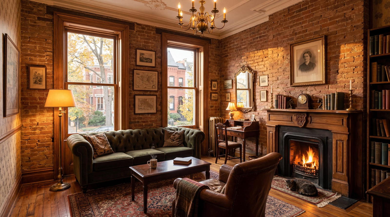 Cozy Victorian rowhouse inn in Washington DC with exposed brick walls and antique decor, warm editorial travel photography, golden hour, photorealistic, no text, no watermark, 16:9