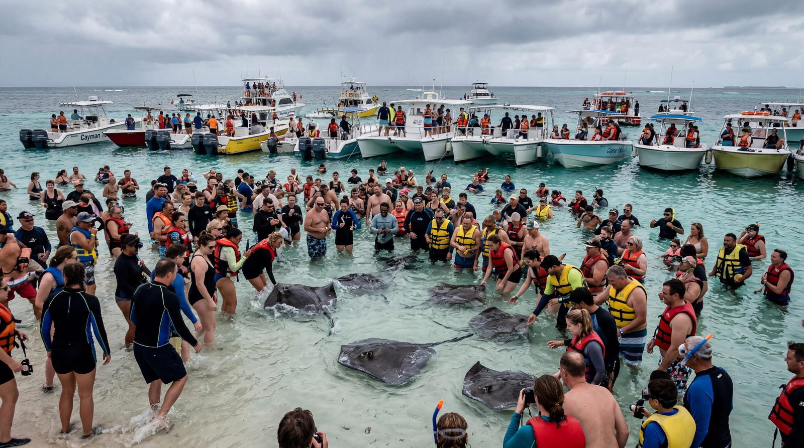 Grand Cayman Stingray City tourist boats crowded, dozens of tourists in shallow water with stingrays, mass tourism scene, overcast sky, documentary travel photography, photorealistic, no text, no watermark, 16:9