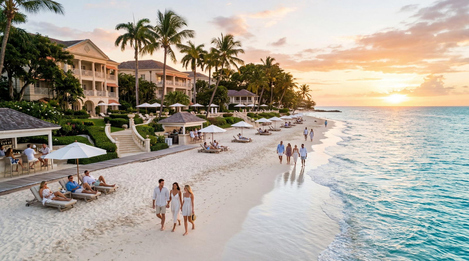 Expensive beachfront in Barbados, platinum coast luxury hotels, well-heeled tourists on manicured beach, warm editorial travel photography, golden hour, photorealistic, no text, no watermark, 16:9