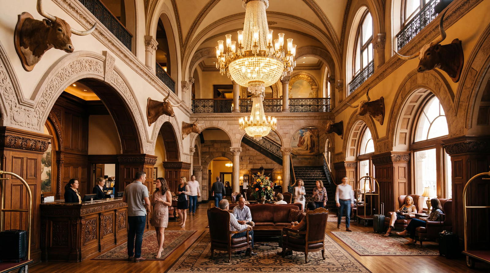 Ornate Romanesque revival hotel lobby in Austin Texas with longhorn steer heads and Victorian chandeliers, warm editorial travel photography, golden hour, photorealistic, no text, no watermark, 16:9