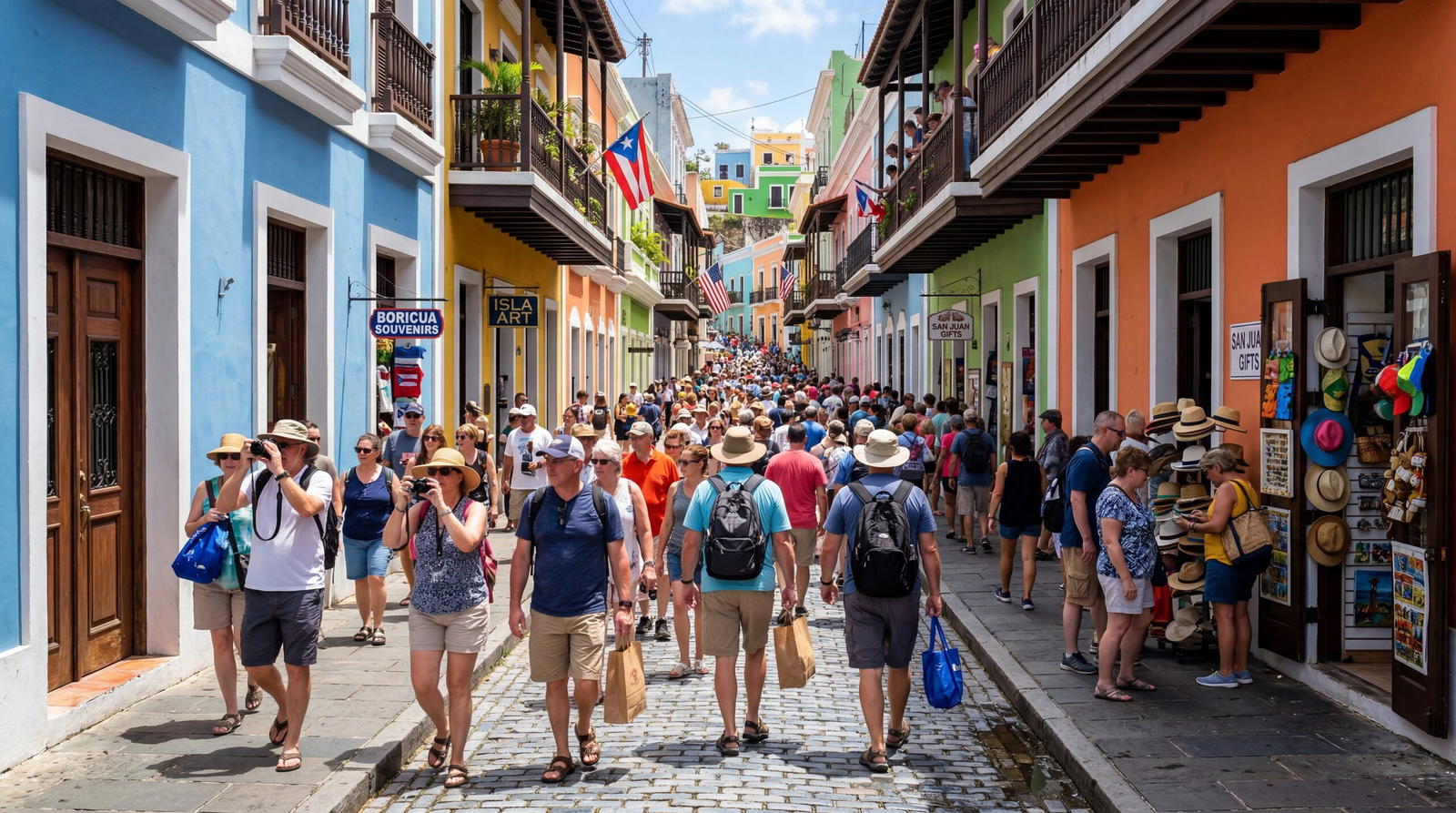 Old San Juan Puerto Rico colourful colonial streets crowded with American tourists, souvenir shops, cruise passengers, harsh midday sun, documentary travel photography, photorealistic, no text, no watermark, 16:9