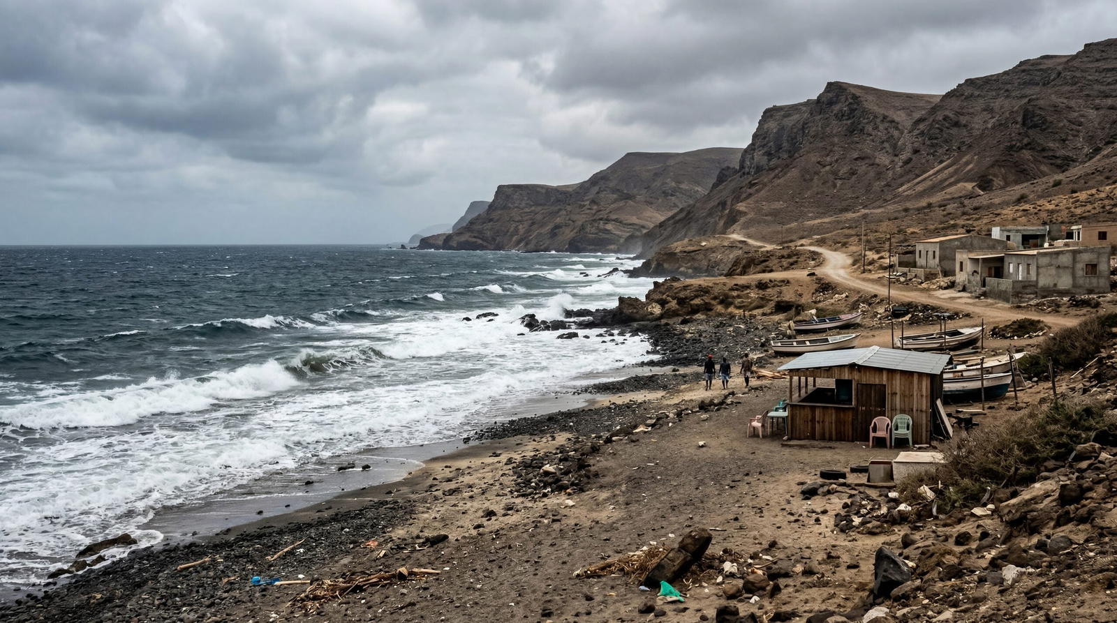 Cabo Verde Cape Verde island arid rocky landscape, mediocre beach, underdeveloped tourist facilities, rough Atlantic waters, overcast sky, documentary travel photography, photorealistic, no text, no watermark, 16:9