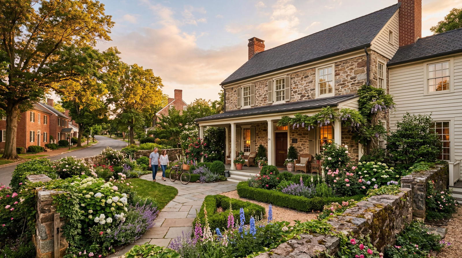Elegant country inn facade in a small Virginia village with lush garden and stone walls, warm editorial travel photography, golden hour, photorealistic, no text, no watermark, 16:9