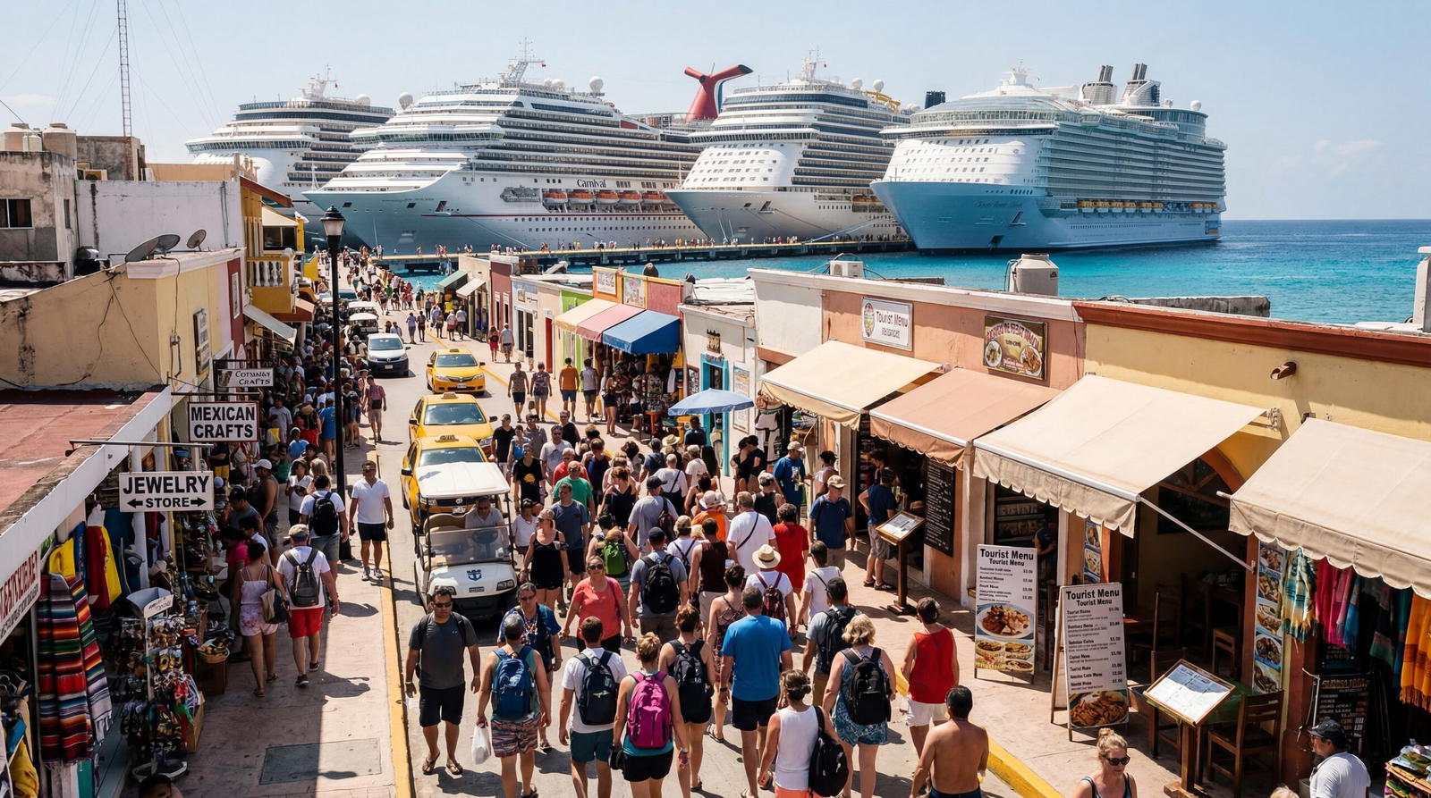 Cozumel Mexico cruise port overwhelmed with tourists, multiple massive cruise ships docked simultaneously, crowded shopping streets, overpriced restaurants with tourist menus, Caribbean island completely overrun, documentary travel photography, harsh midday sun, photorealistic, no text, no watermark, 16:9