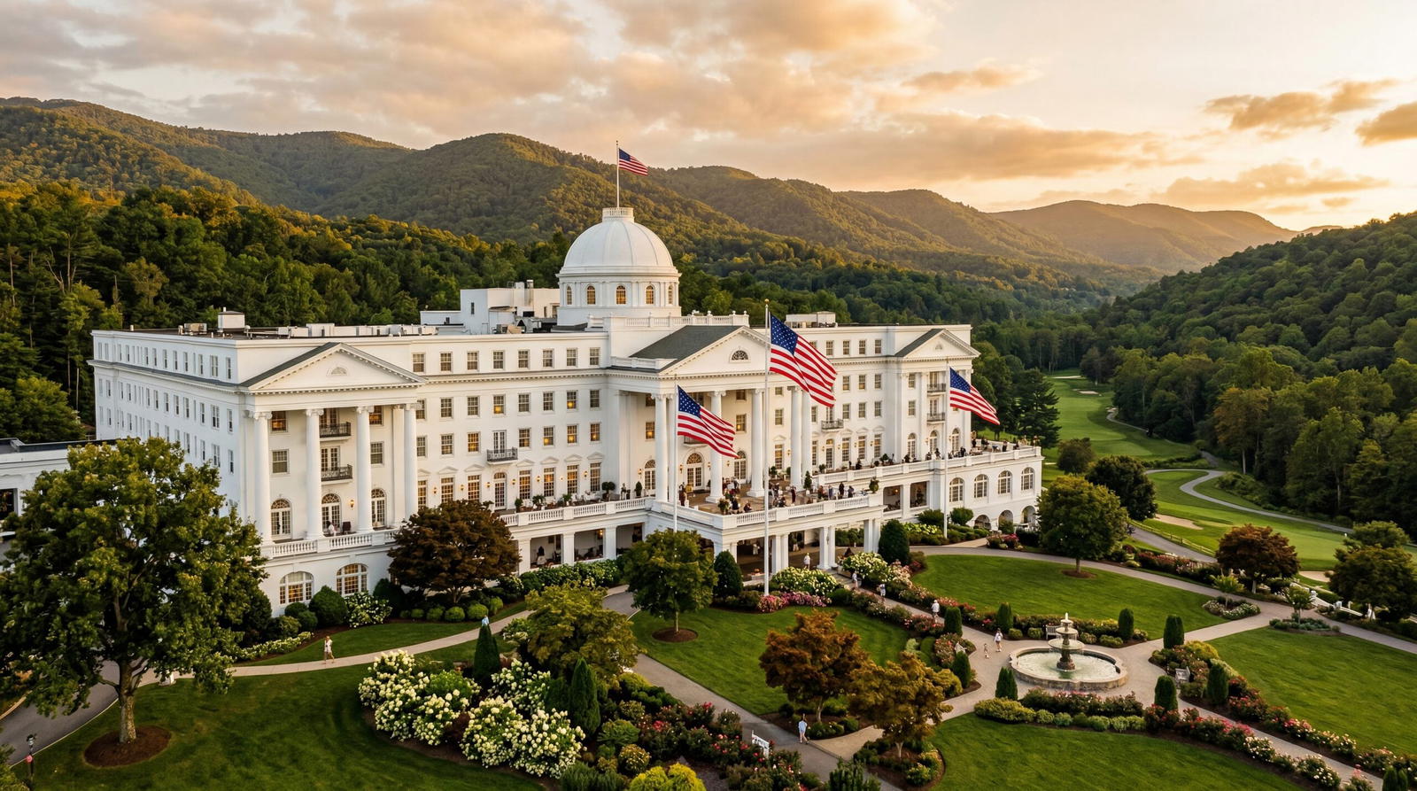 Grand white neoclassical resort hotel in the West Virginia mountains with manicured grounds and American flags, warm editorial travel photography, golden hour, photorealistic, no text, no watermark, 16:9