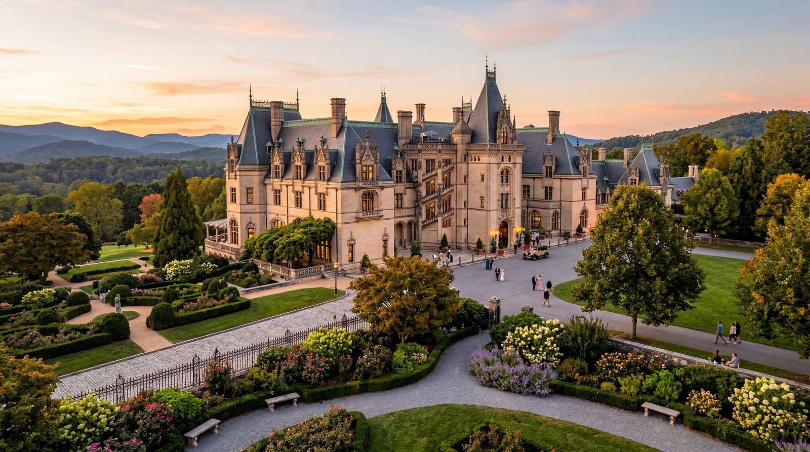 French Renaissance chateau style inn at Biltmore Estate in Asheville North Carolina surrounded by gardens, warm editorial travel photography, golden hour, photorealistic, no text, no watermark, 16:9