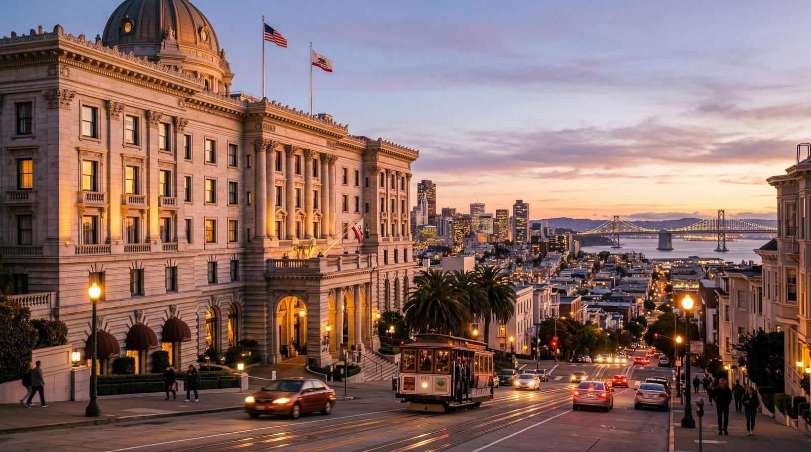 Imposing Beaux-Arts hotel on Nob Hill in San Francisco with city views at dusk, warm editorial travel photography, golden hour, photorealistic, no text, no watermark, 16:9