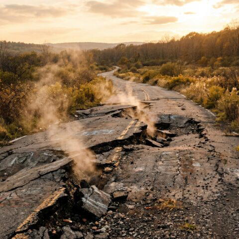 Cracked and buckled road in Centralia Pennsylvania with steam rising from fissures in the asphalt, overgrown fields on either side, eerie quiet, late afternoon light