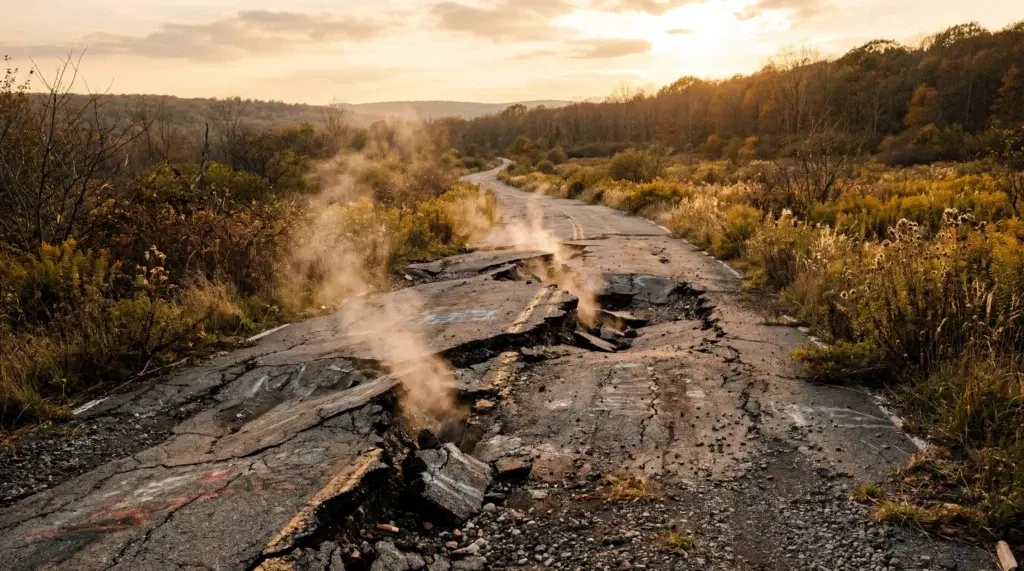 Cracked and buckled road in Centralia Pennsylvania with steam rising from fissures in the asphalt, overgrown fields on either side, eerie quiet, late afternoon light