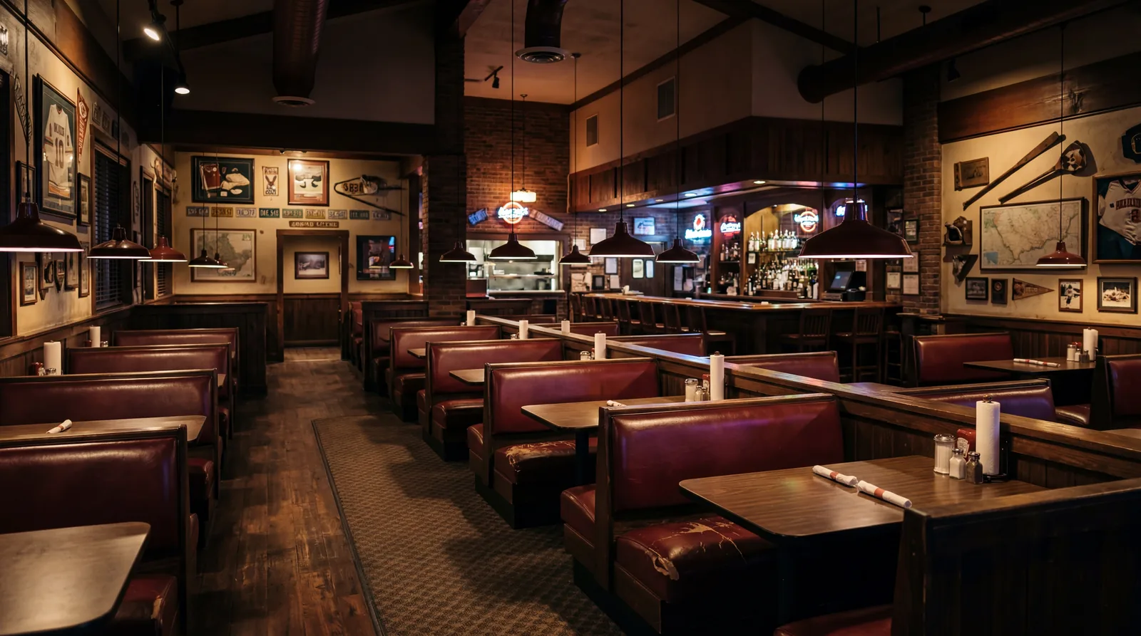 Interior of an empty Applebee's-style casual dining restaurant with dim lighting, vinyl booths, and faded decor, warm editorial photography, photorealistic, no text, no watermark, 16:9