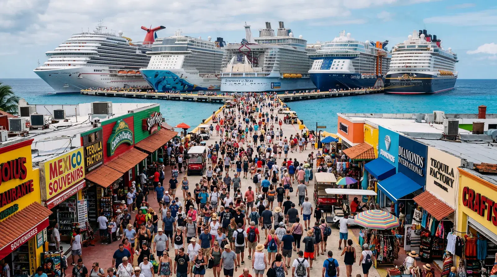 Cozumel Mexico cruise terminal with five large cruise ships docked simultaneously, thousands of tourists flooding the pier shopping street, souvenir shops and chain restaurants, overcrowded, documentary travel photography, photorealistic, no text, no watermark, 16:9