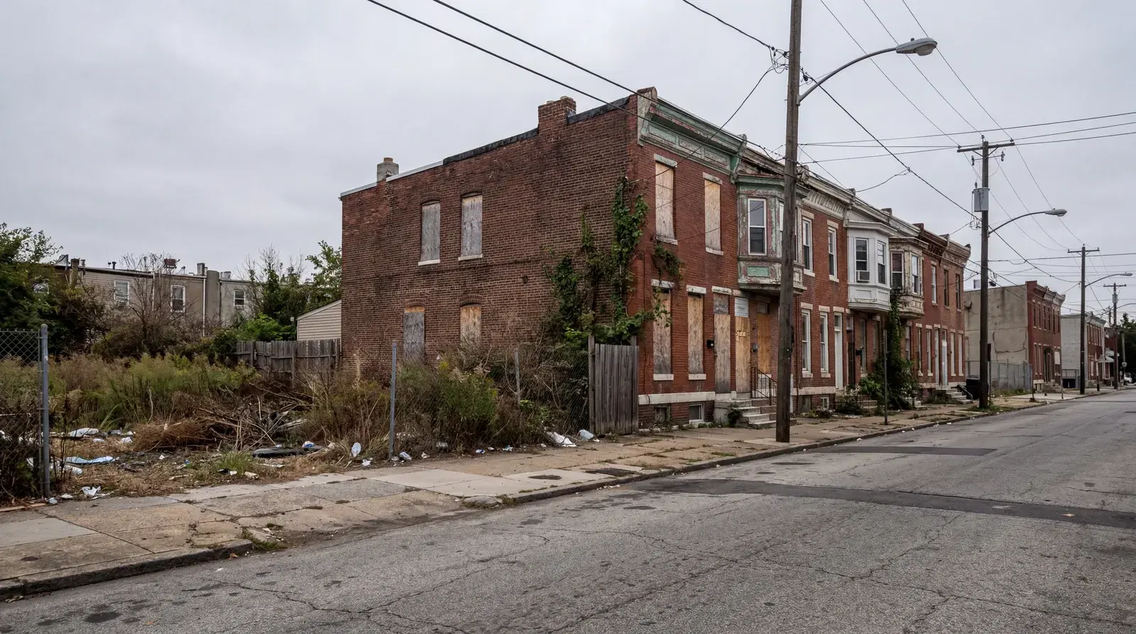Empty overgrown vacant lots along a bleak residential street in Camden New Jersey, boarded up rowhouses, grey afternoon light, silent streets. documentary travel photography, realistic, no text, no watermark, 16:9