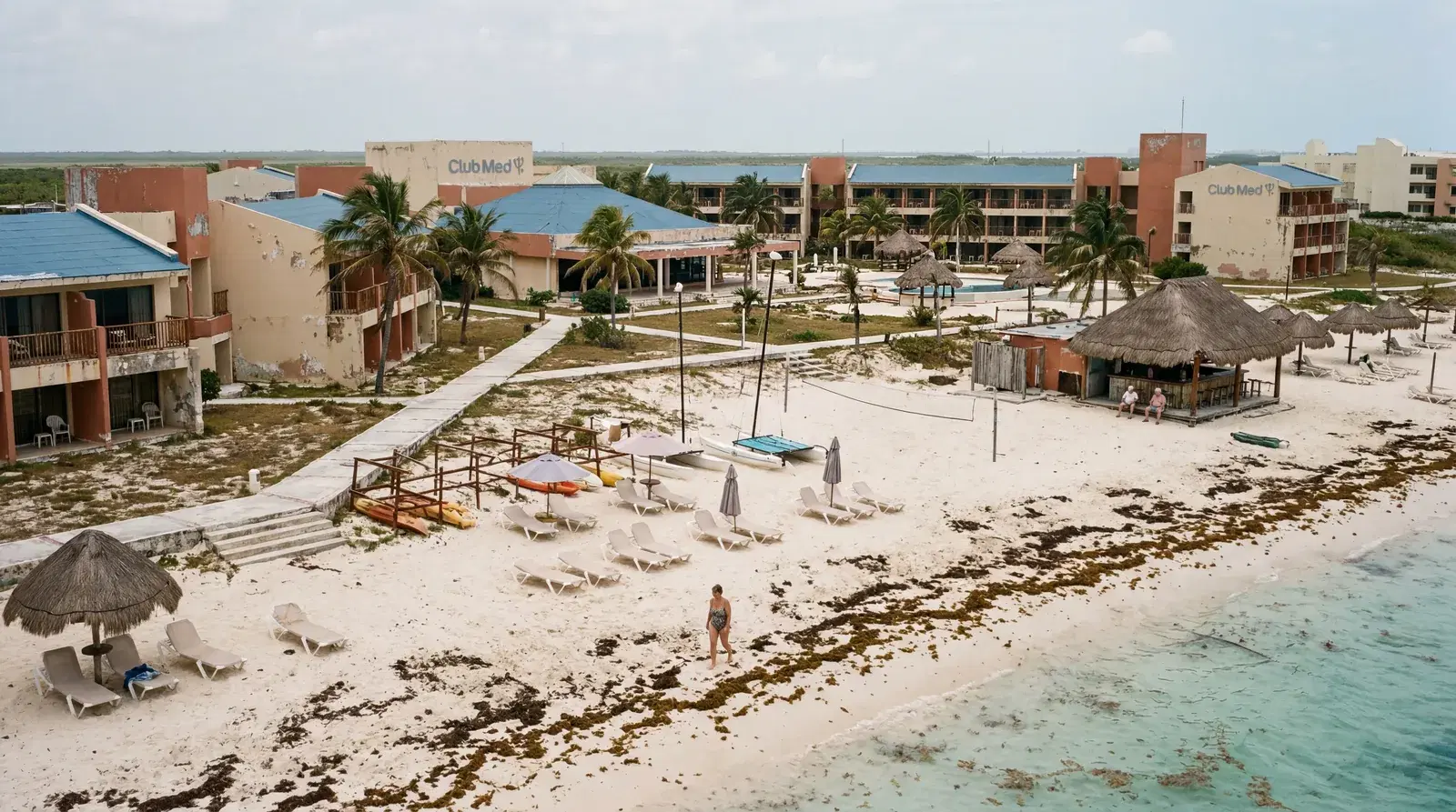 Realistic editorial photo of Caribbean beach shoreline with visible seaweed patches, resort chairs set back from water, 