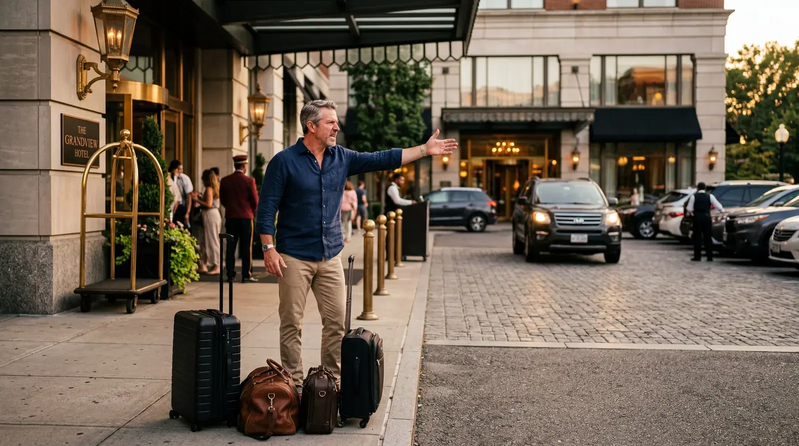 Irritated middle-aged American man gesturing toward a hotel parking lot, luggage on the sidewalk, luxury hotel entrance, warm editorial travel photography, photorealistic, no text, no watermark, 16:9