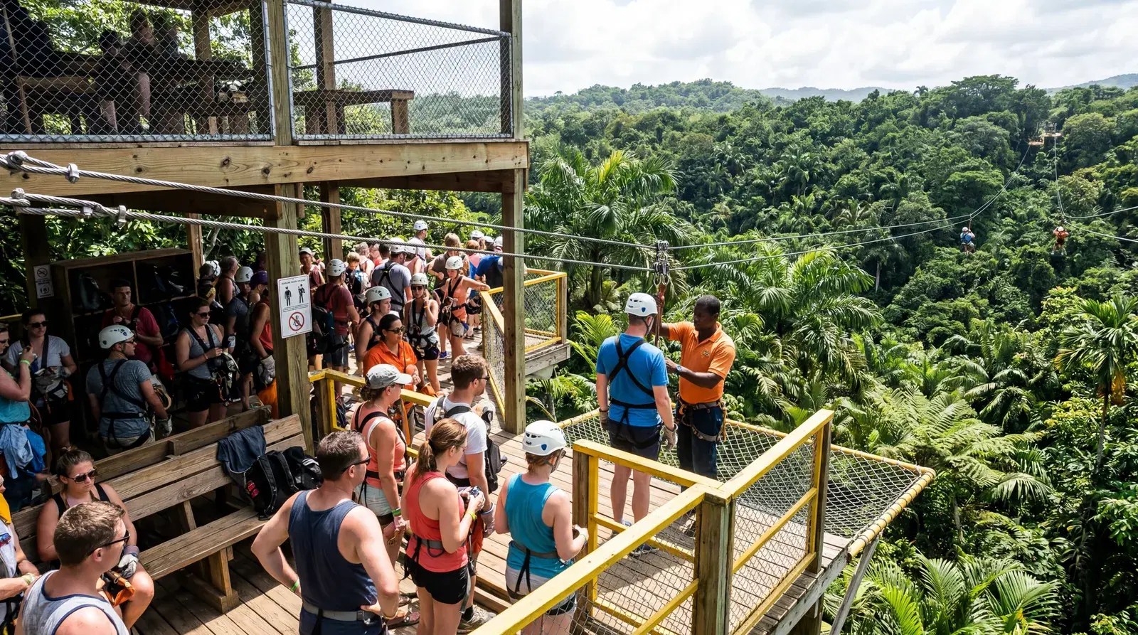 Zip-line tour above jungle canopy in Jamaica, tourist theme park style infrastructure, crowded waiting area, harsh midday sun, documentary travel photography, photorealistic, no text, no watermark, 16:9
