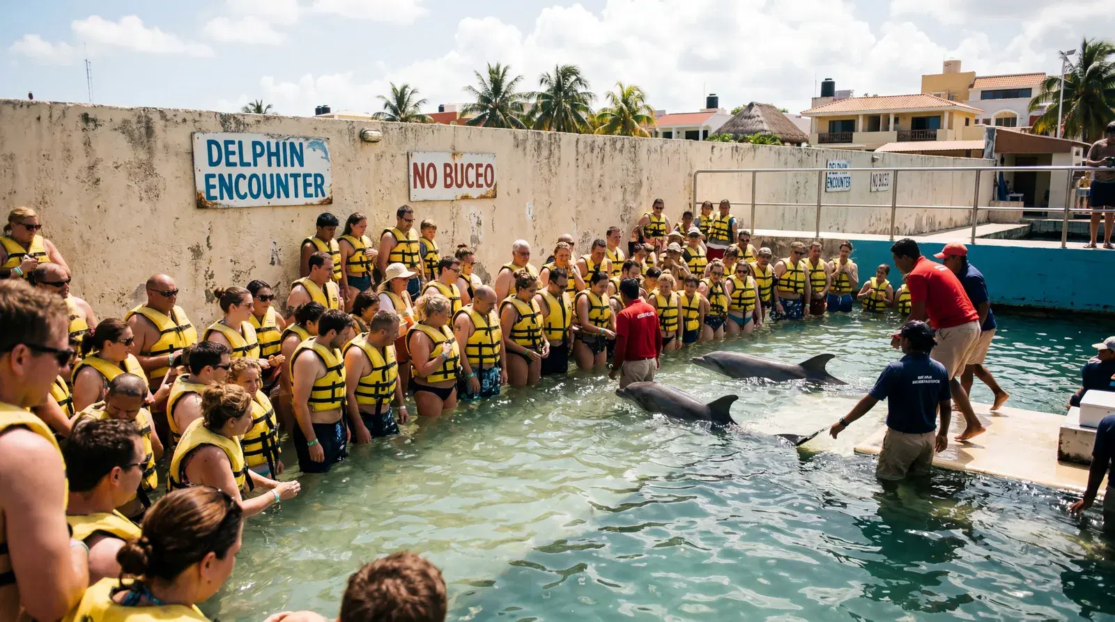 Dolphin swim tourist encounter in Cozumel Mexico, tourists in a lagoon with trained dolphins, overcrowded concrete enclosure, harsh daylight, documentary travel photography, photorealistic, no text, no watermark, 16:9