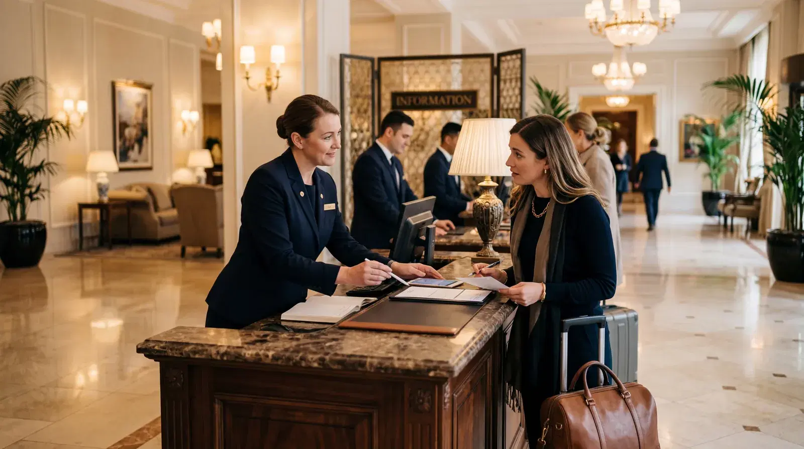 Hotel concierge politely correcting a guest at the front desk, elegant hotel lobby with marble floors, professional staff in uniform, warm editorial photography, photorealistic, no text, no watermark, 16:9