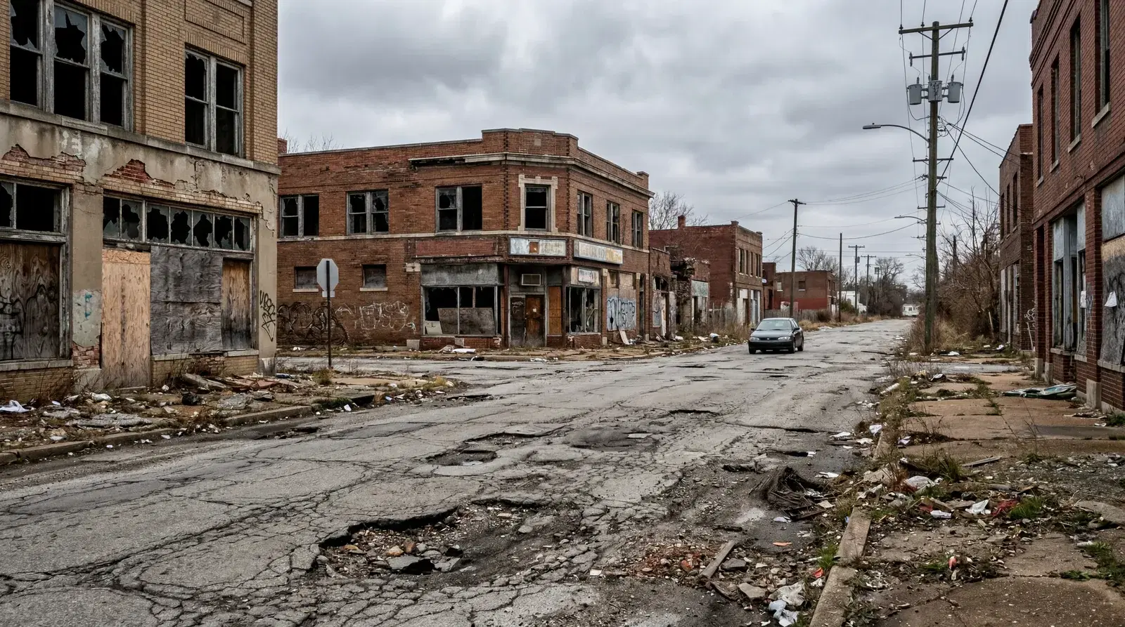 Potholed road through a deteriorated neighborhood in East St Louis Illinois, abandoned commercial buildings, broken windows, grey midday light. documentary travel photography, realistic, no text, no watermark, 16:9