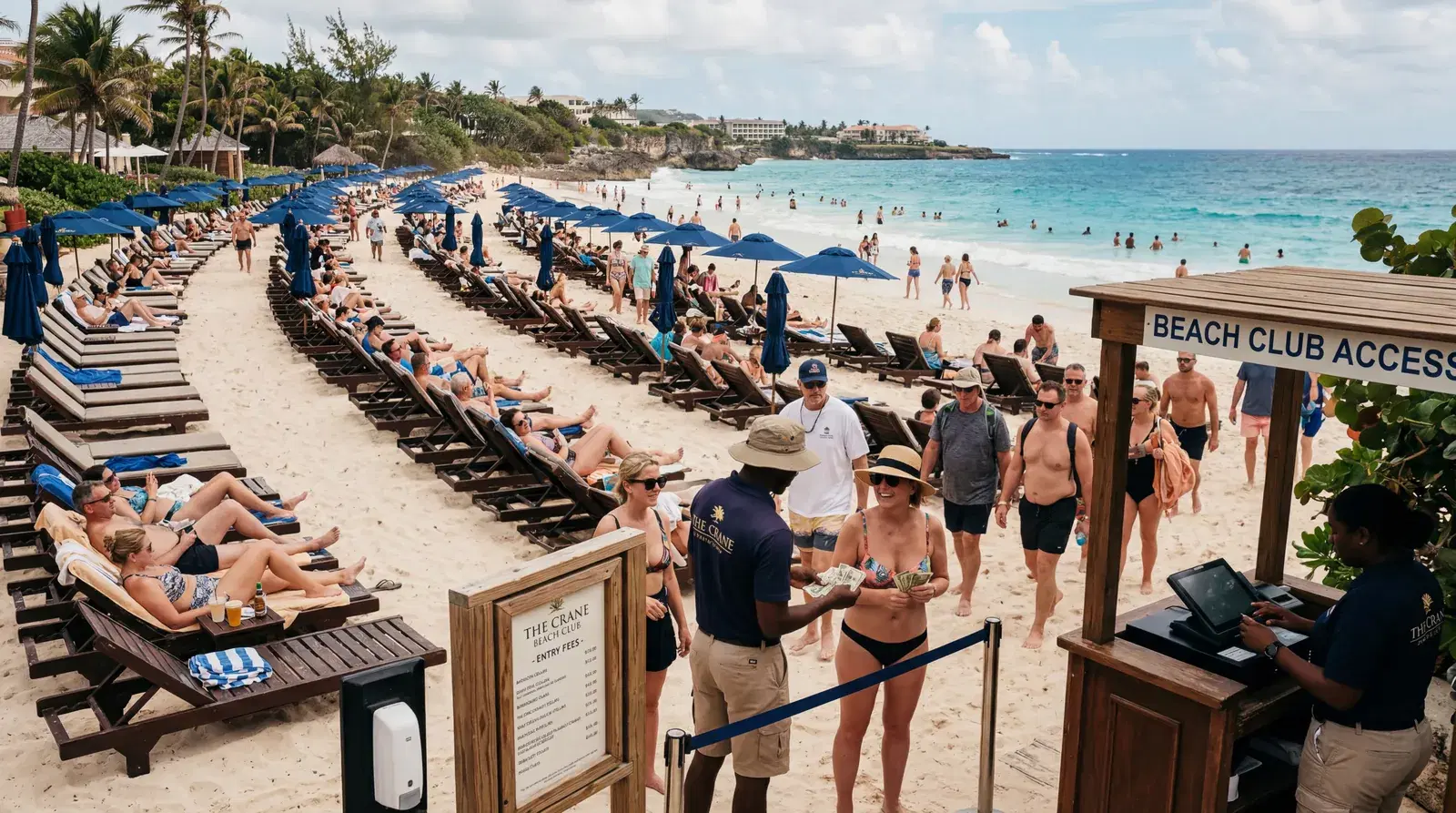 Crowded paid beach club in Barbados with rows of sun loungers, tourists paying for beach access, resort staff collecting fees, warm editorial travel photography, photorealistic, no text, no watermark, 16:9