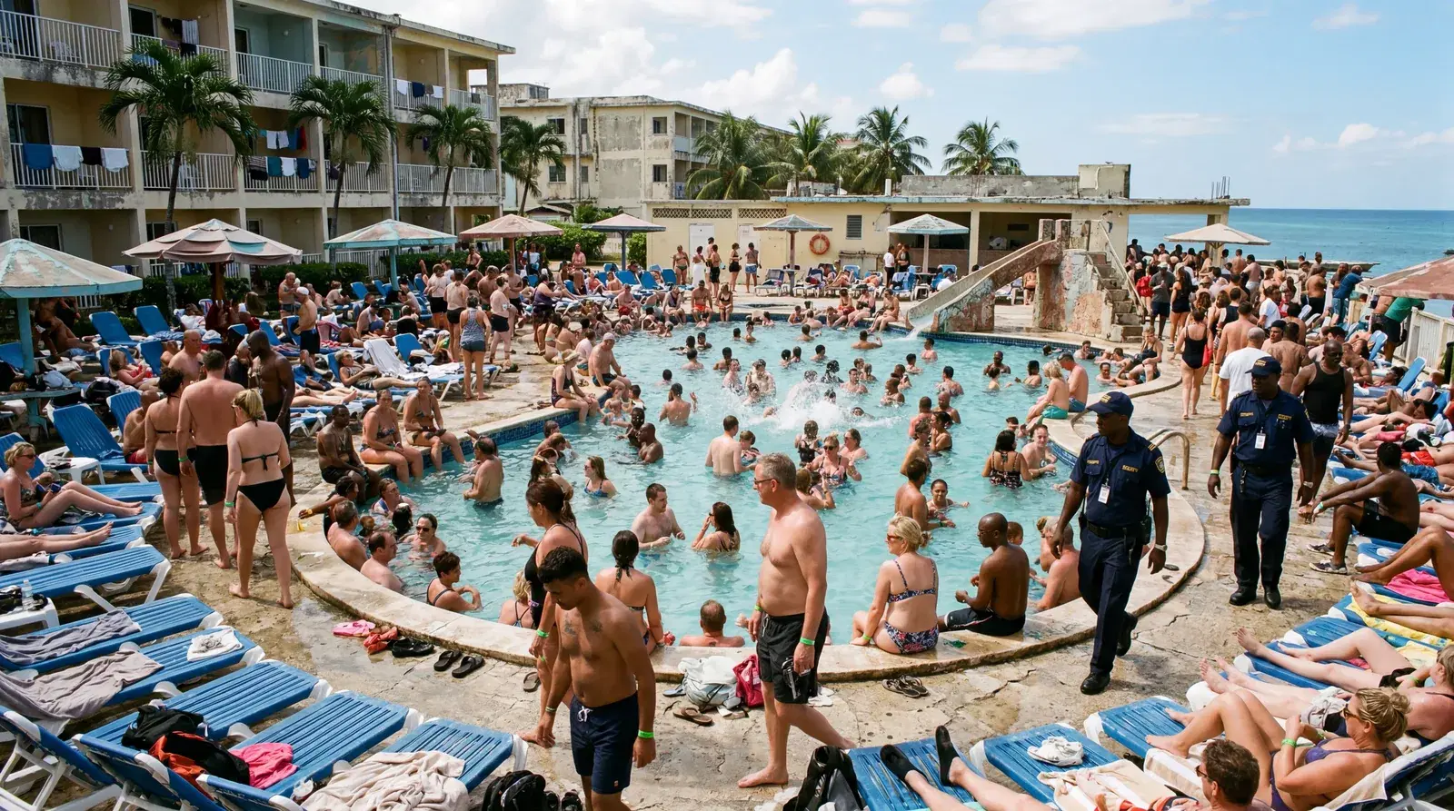 Realistic editorial photo of Caribbean restaurant bill, small cash bills, sunscreen, and resort wristband on a table, br