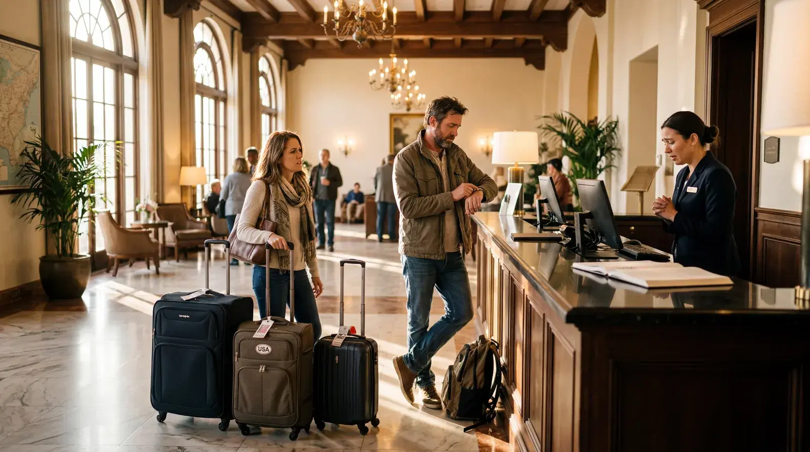 Impatient American couple with suitcases checking the time at a hotel lobby, 9am light streaming through windows, front desk agent looking apologetic, warm editorial travel photography, photorealistic, no text, no watermark, 16:9