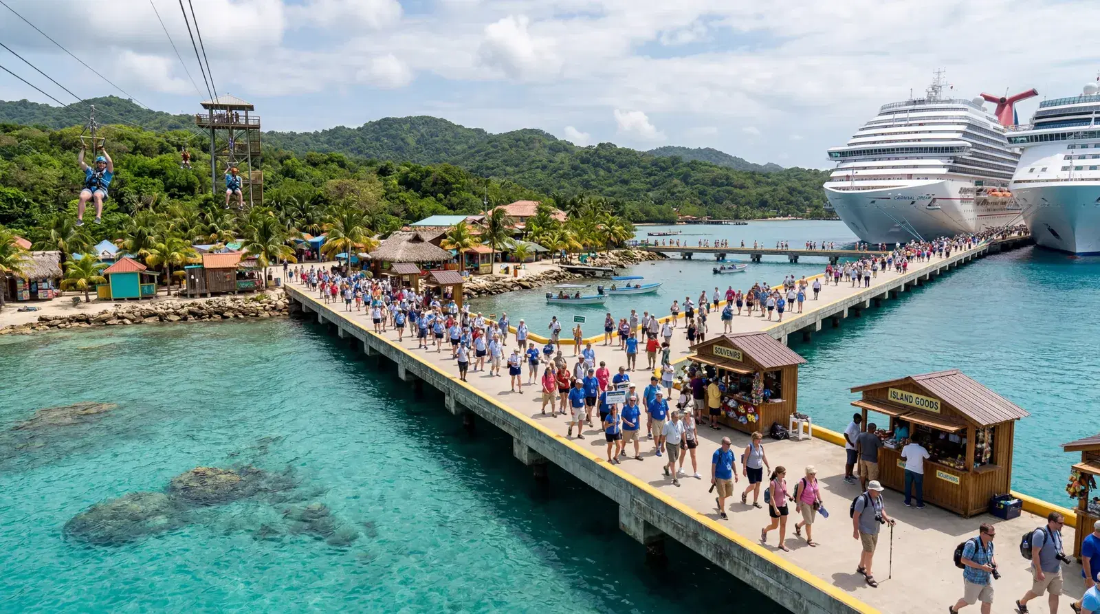 Roatan Honduras cruise dock, large tourist pier extending over turquoise Caribbean water, zip line and souvenir stalls, tourists in organised groups, documentary travel photography, photorealistic, no text, no watermark, 16:9