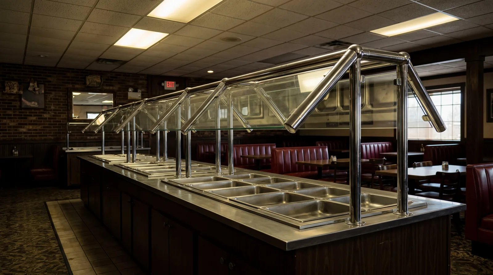 A dated American steakhouse with an empty salad bar, rows of chrome sneeze guards, fluorescent lighting, photorealistic, no text, no watermark, 16:9