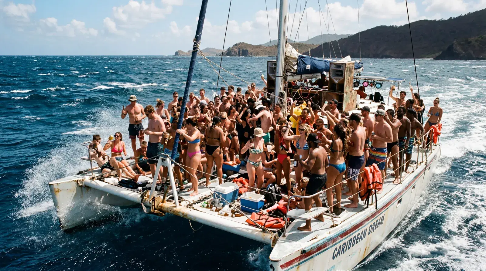 Party catamaran booze cruise in the Caribbean, tourists drinking on deck in rough chop, overcrowded boat, loud music, harsh midday sun, documentary travel photography, photorealistic, no text, no watermark, 16:9
