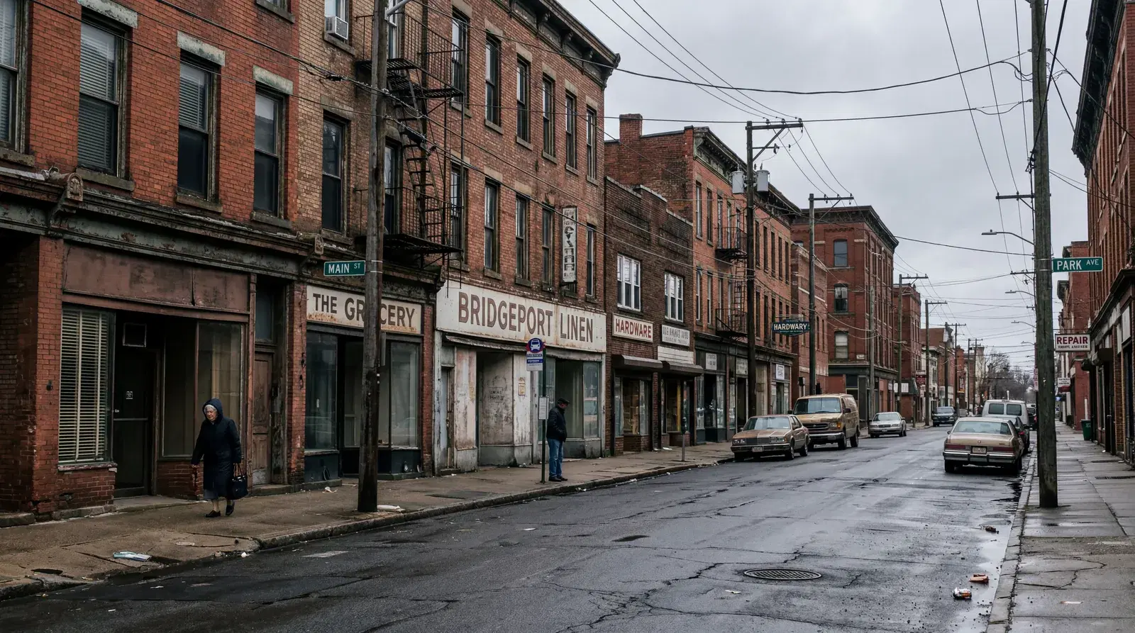 Quiet rundown commercial street in downtown Bridgeport Connecticut, older brick buildings, sparse pedestrians, grey overcast afternoon. documentary travel photography, realistic, no text, no watermark, 16:9