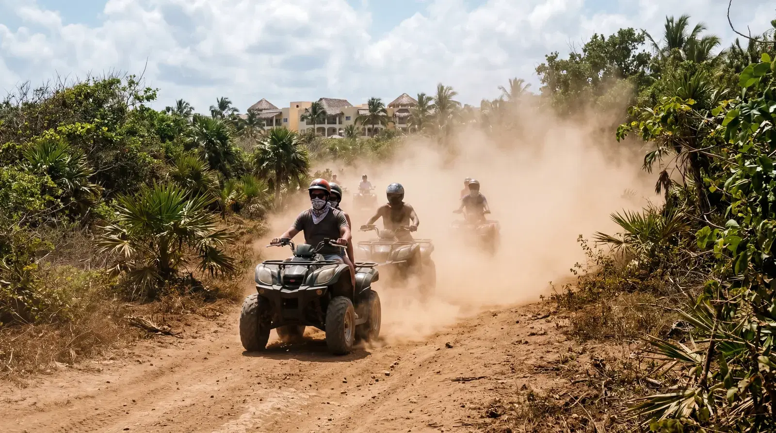 ATV tour group in Punta Cana Dominican Republic, tourists on quad bikes in thick dust cloud on a dirt track, resort excursion setting, documentary travel photography, photorealistic, no text, no watermark, 16:9