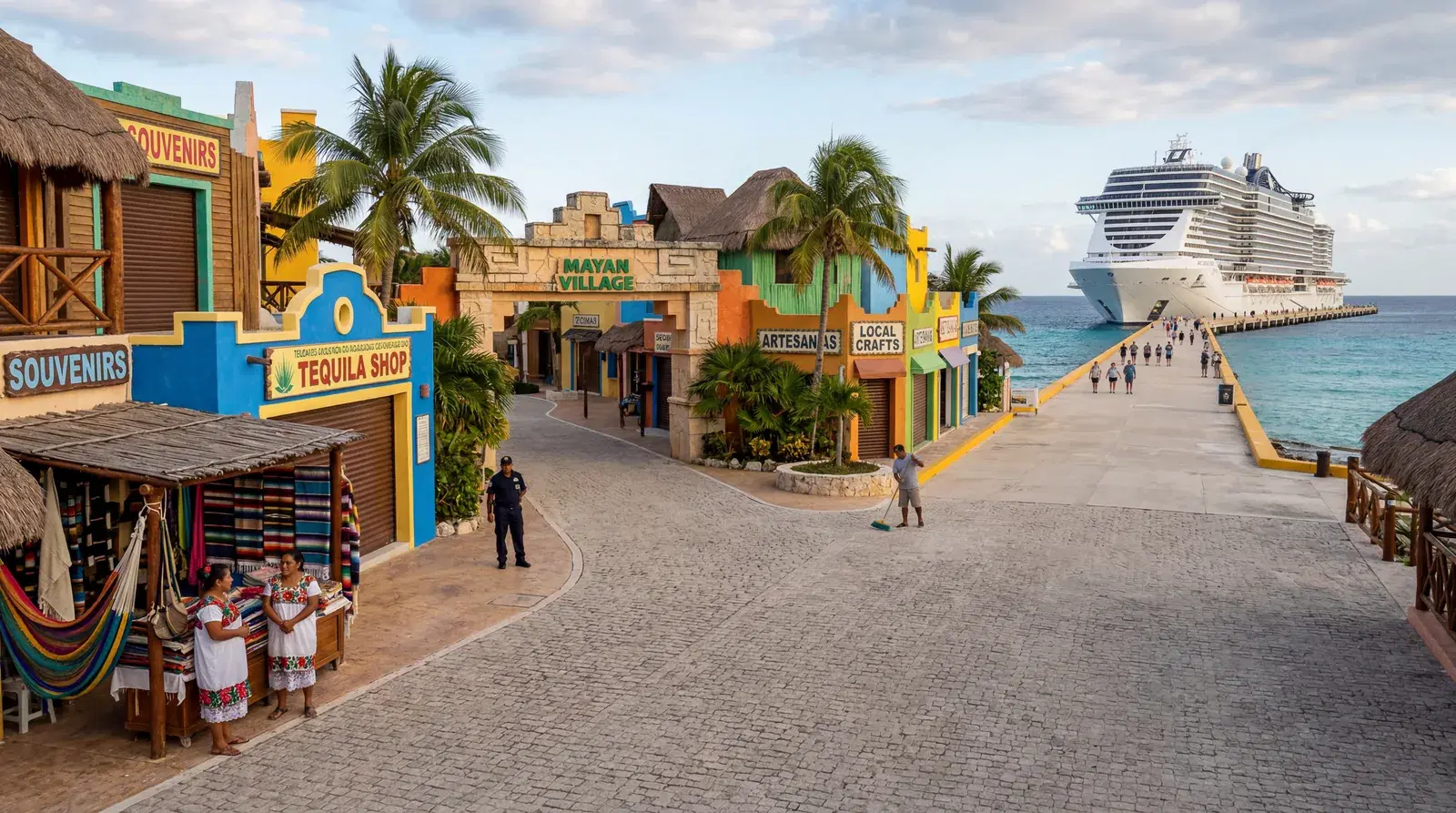 Costa Maya Mexico cruise pier, purpose-built fake Mayan village tourist complex at the dock, colourful but empty shops, few locals, documentary travel photography, photorealistic, no text, no watermark, 16:9