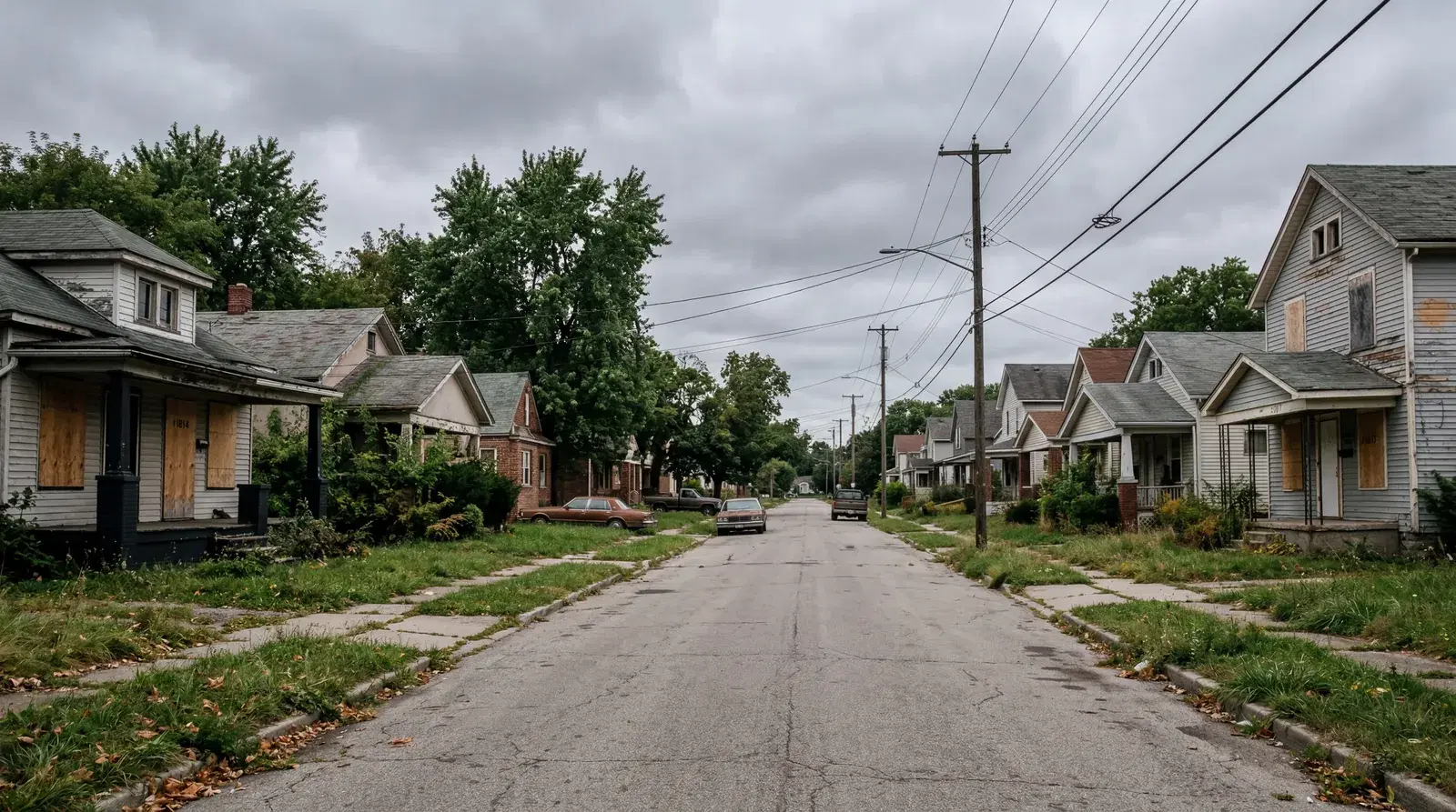 Empty residential street in Flint Michigan, modest homes with overgrown lawns, some boarded windows, grey afternoon light, quiet and still. documentary travel photography, realistic, no text, no watermark, 16:9