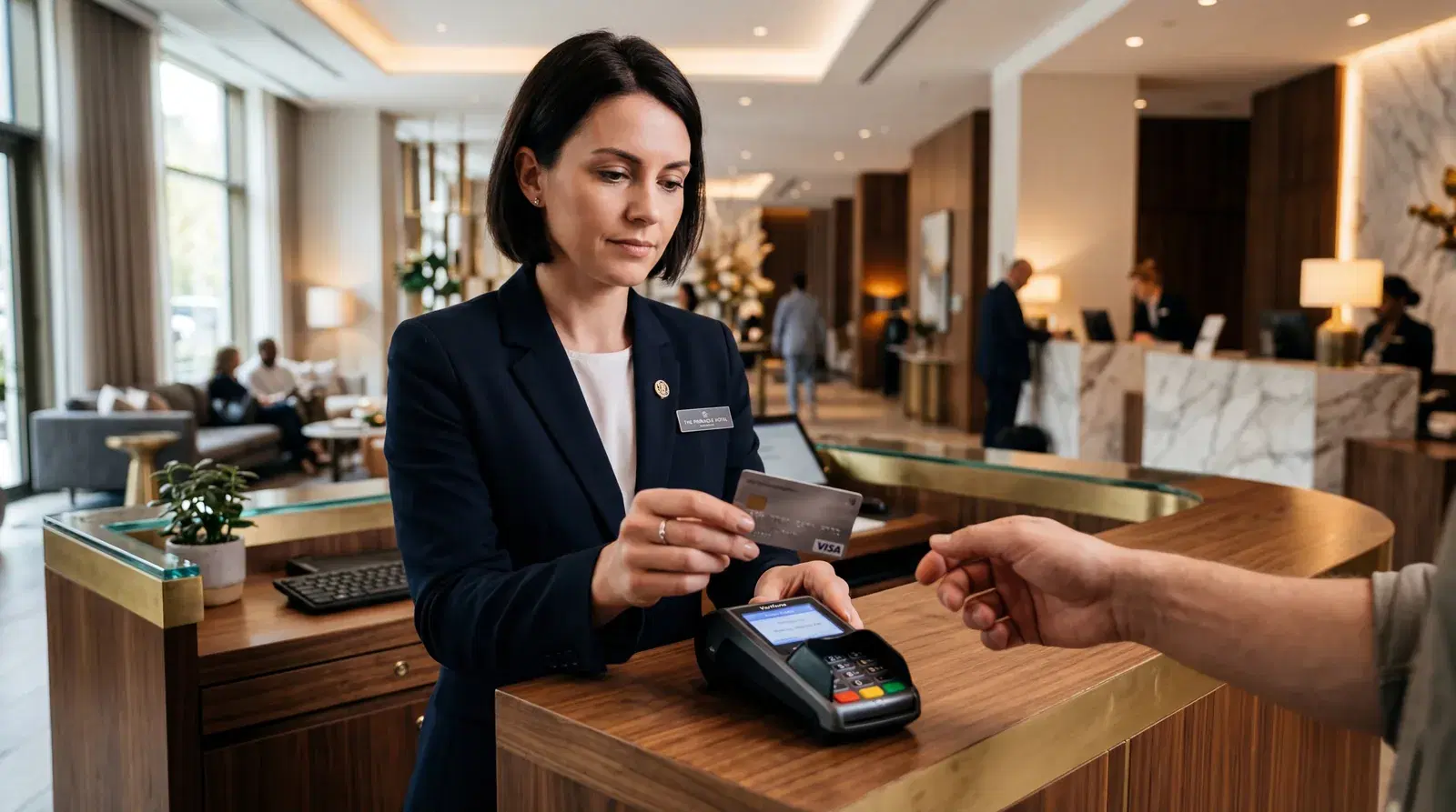 Hotel staff inspecting a credit card with a polite but firm expression, front desk, modern hotel, close-up of hands, warm editorial travel photography, photorealistic, no text, no watermark, 16:9